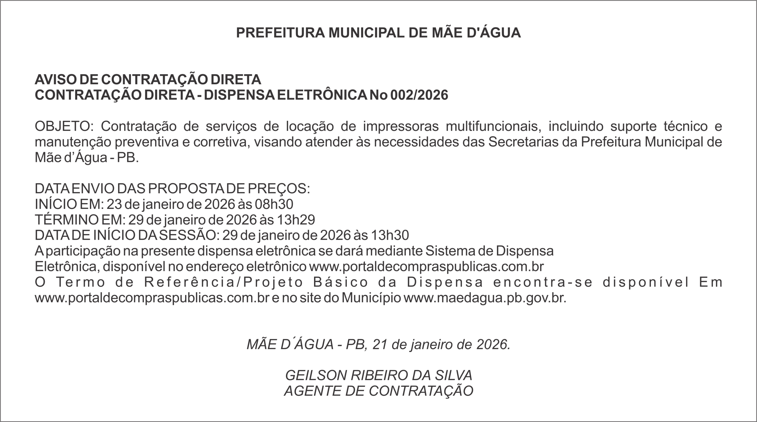 PREFEITURA DE MÃE D’ÁGUA  – CONTRATAÇÃO DIRETA – DISPENSA ELETRÔNICA No 002/2026