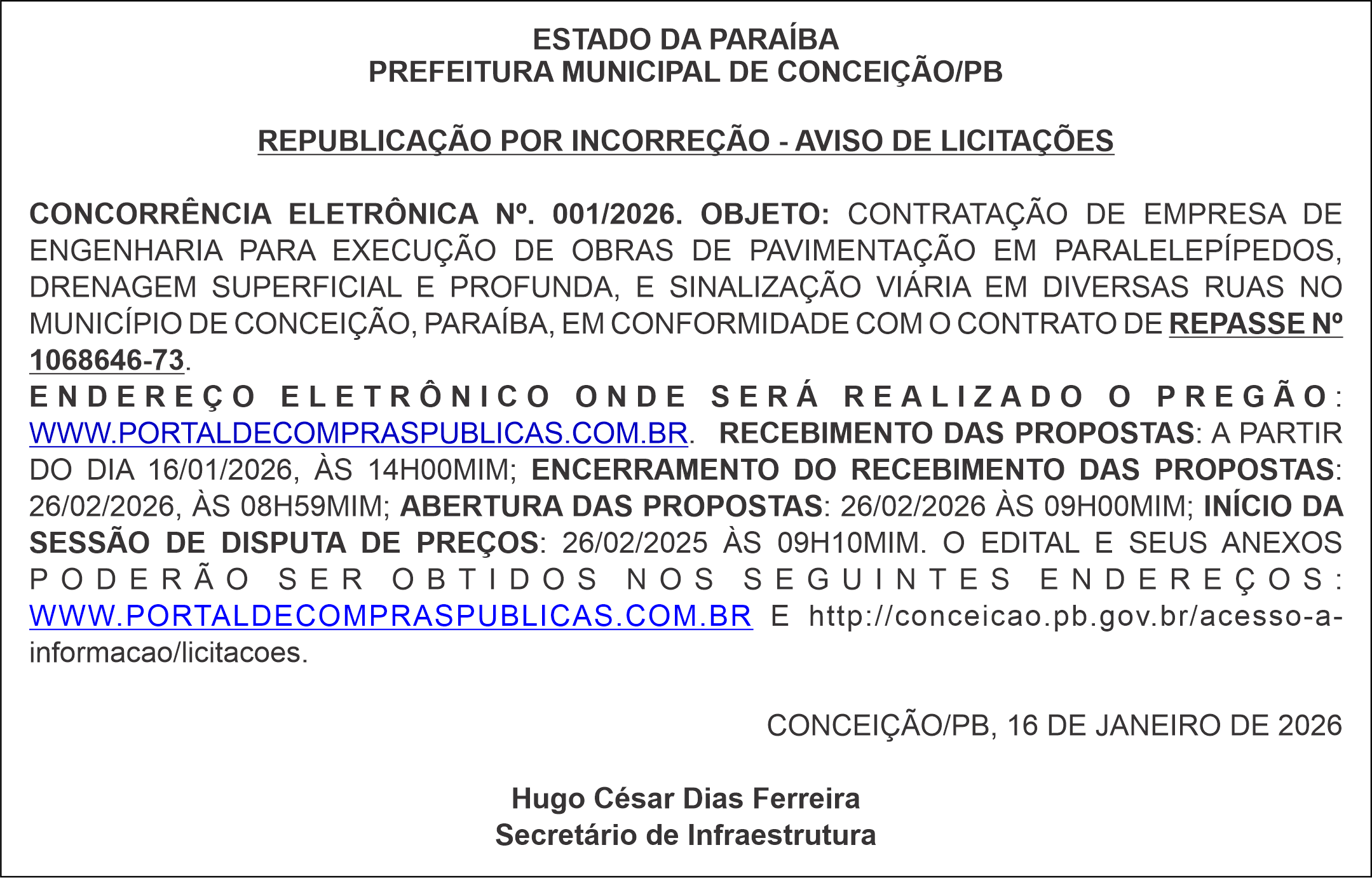 PREFEITURA MUNICIPAL DE CONCEIÇÃO/PB – REPUBLICAÇÃO POR INCORREÇÃO – AVISO DE LICITAÇÕES