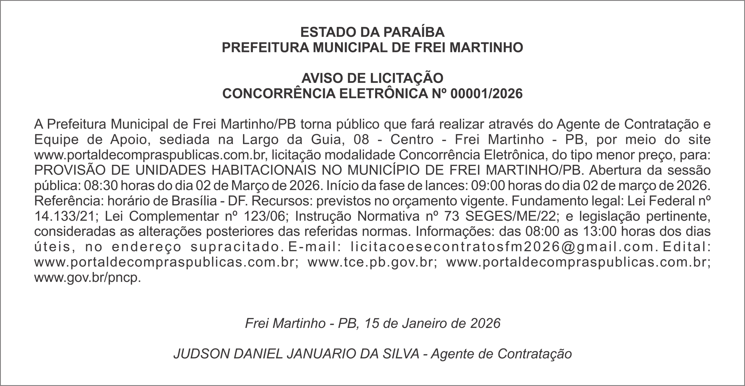 PREFEITURA MUNICIPAL DE FREI MARTINHO – AVISO DE LICITAÇÃO – CONCORRÊNCIA ELETRÔNICA Nº 00001/2026