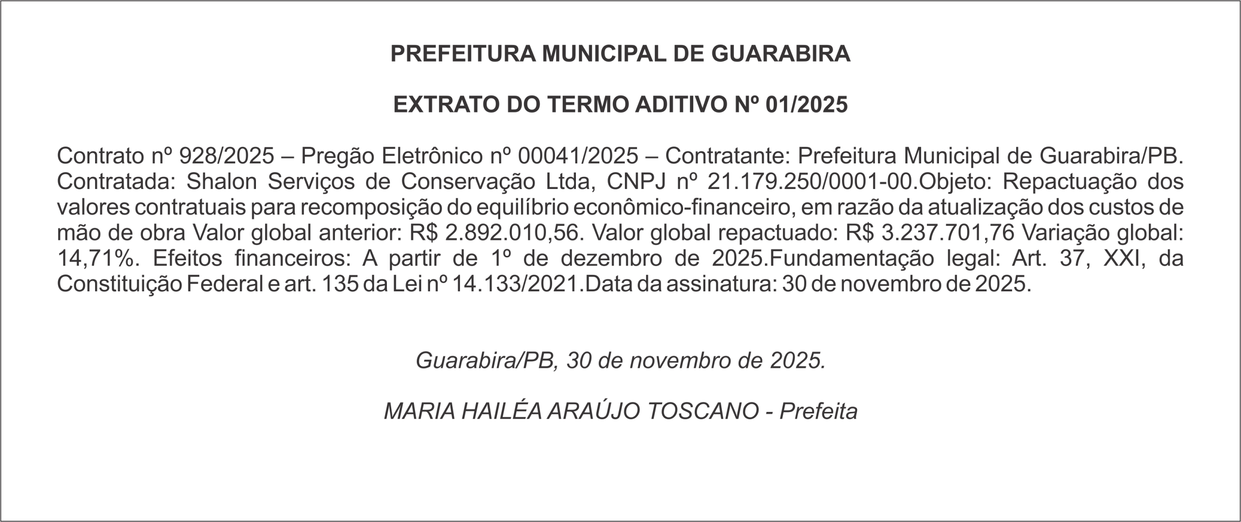 PREFEITURA MUNICIPAL DE GUARABIRA – EXTRATO DO TERMO ADITIVO Nº 01/2025