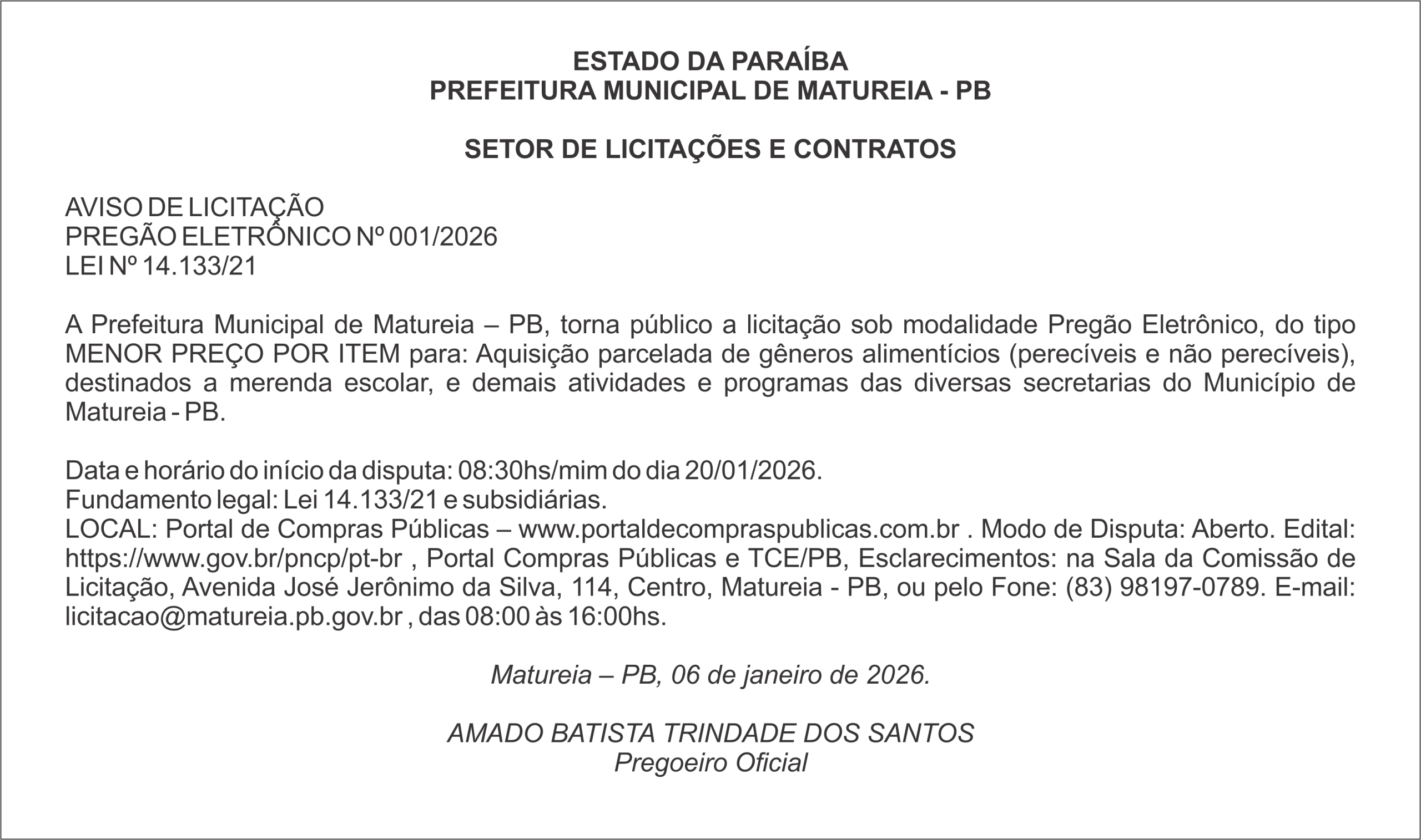 PREFEITURA MUNICIPAL DE MATUREIA – AVISO DE LICITAÇÃO – PREGÃO ELETRÔNICO Nº 001/2026