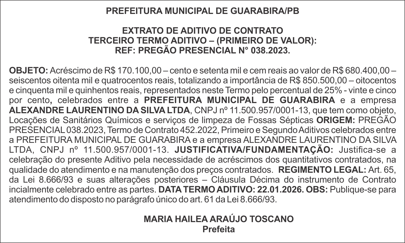 PREFEITURA MUNICIPAL DE GUARABIRA/PB – EXTRATO DE ADITIVO DE CONTRATO