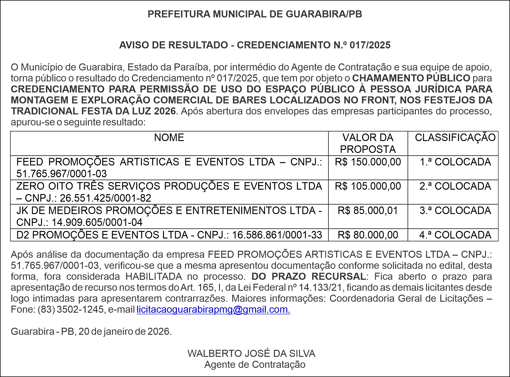 PREFEITURA MUNICIPAL DE GUARABIRA/PB – AVISO DE RESULTADO – CREDENCIAMENTO N.º 017/2025