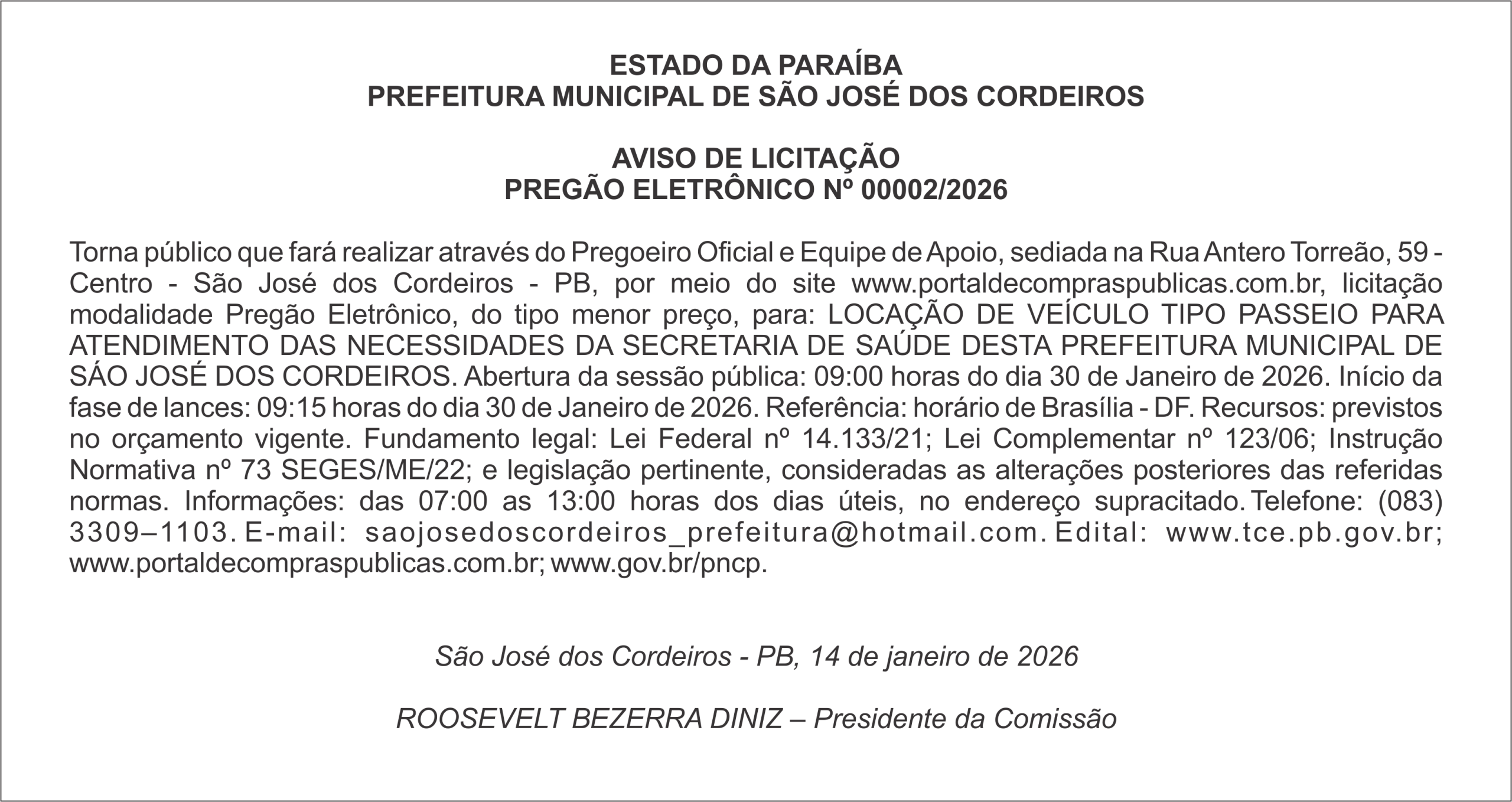 PREFEITURA MUNICIPAL DE SÃO JOSÉ DOS CORDEIROS – AVISO DE LICITAÇÃO – PREGÃO ELETRÔNICO Nº 00002/2026