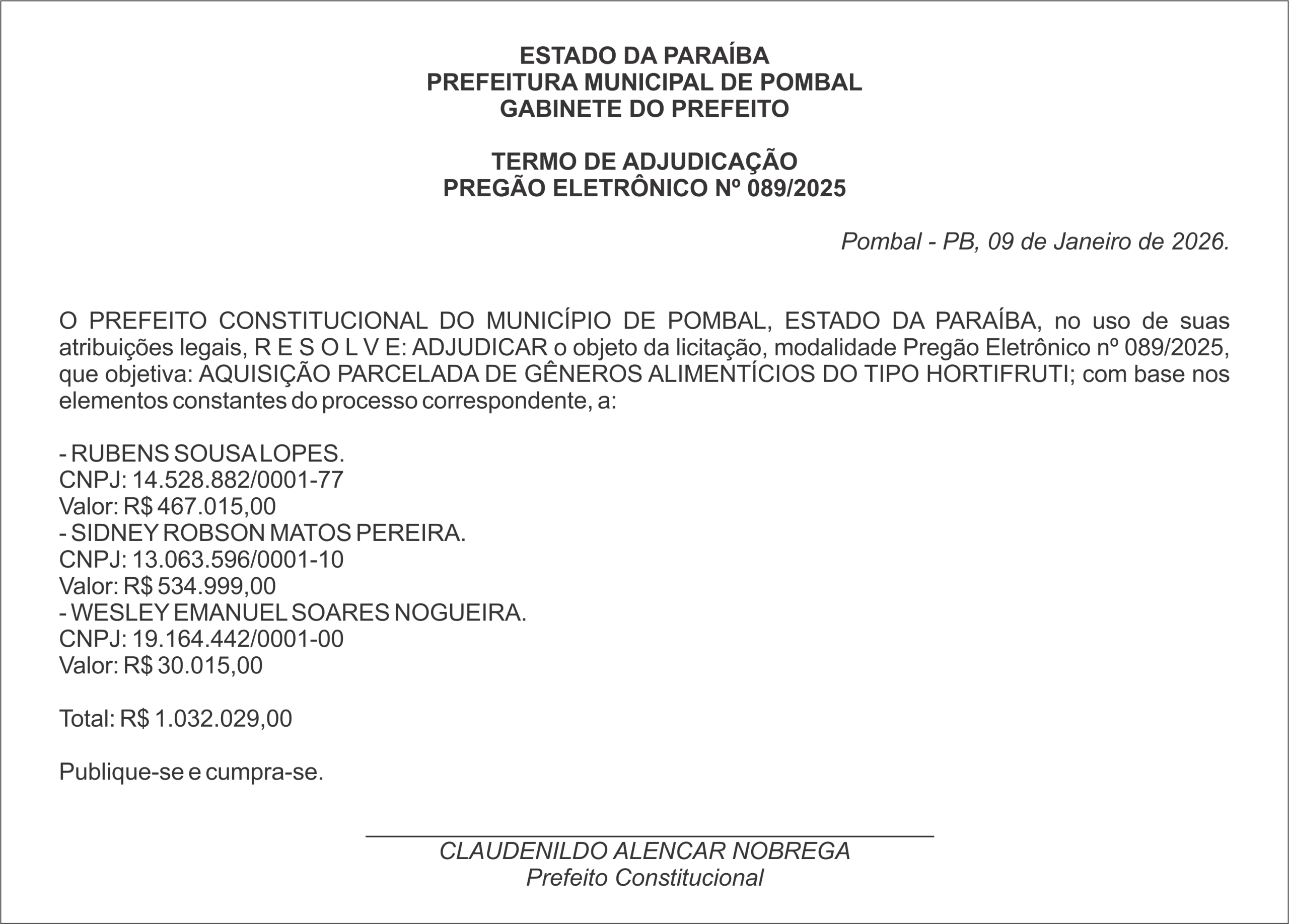 PREFEITURA MUNICIPAL DE POMBAL – TERMO DE ADJUDICAÇÃO – PREGÃO ELETRÔNICO Nº 089/2025