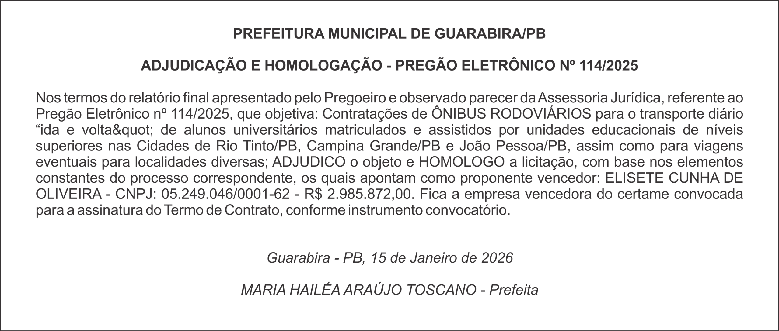 PREFEITURA MUNICIPAL DE GUARABIRA/PB – ADJUDICAÇÃO E HOMOLOGAÇÃO – PREGÃO ELETRÔNICO Nº 114/2025