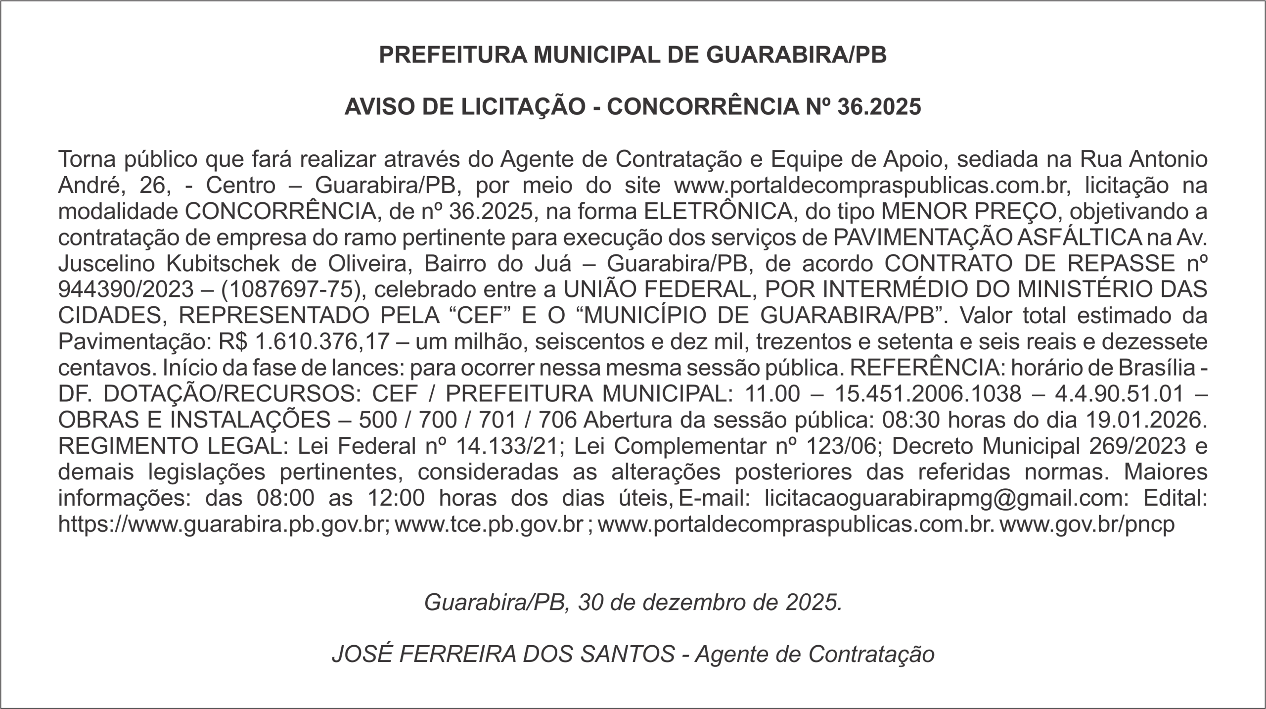 PREFEITURA MUNICIPAL DE GUARABIRA/PB – AVISO DE LICITAÇÃO – CONCORRÊNCIA Nº 36.2025