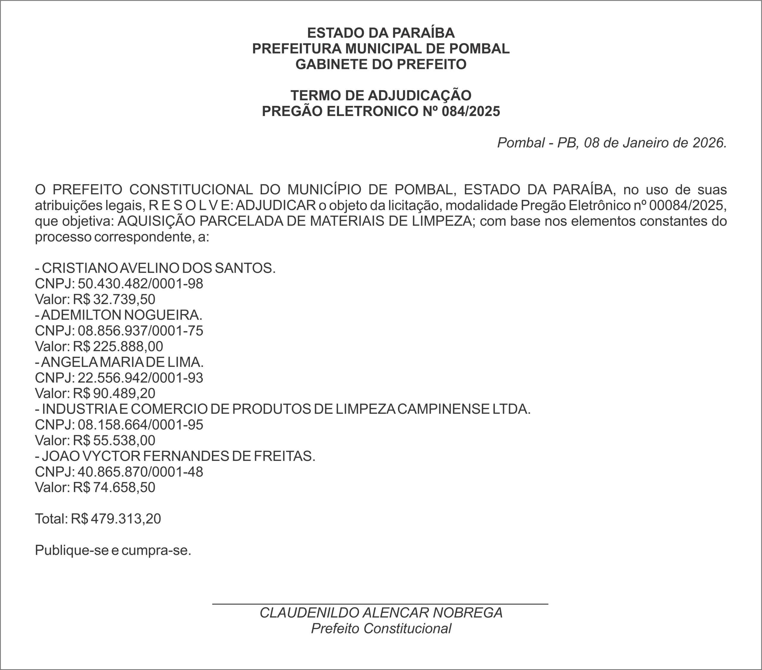 PREFEITURA MUNICIPAL DE POMBAL – TERMO DE ADJUDICAÇÃO – PREGÃO ELETRÔNICO Nº 084/2025