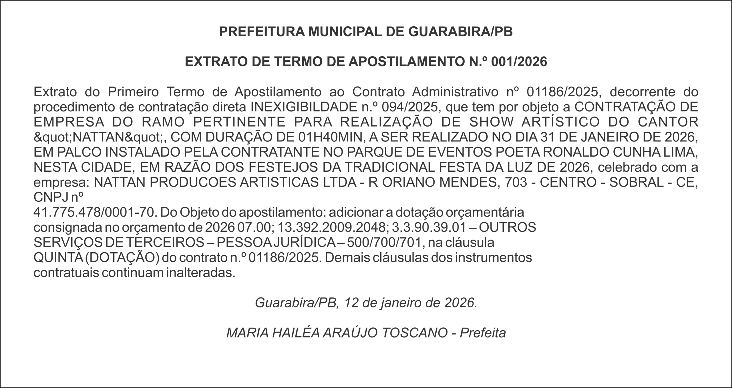 PREFEITURA MUNICIPAL DE GUARABIRA/PB – EXTRATO DE TERMO DE APOSTILAMENTO