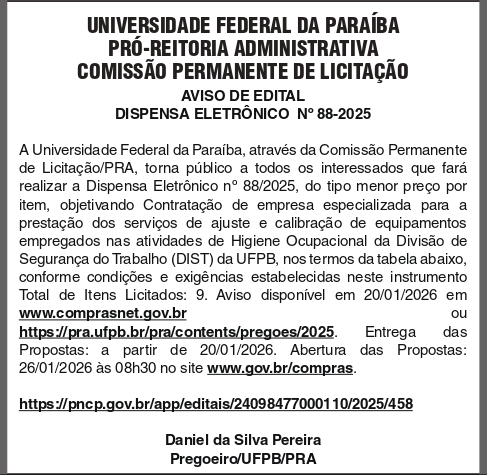 UNIVERSIDADE FEDERAL DA PARAIBA – DISPENSA ELETRÔNICO 88_2025