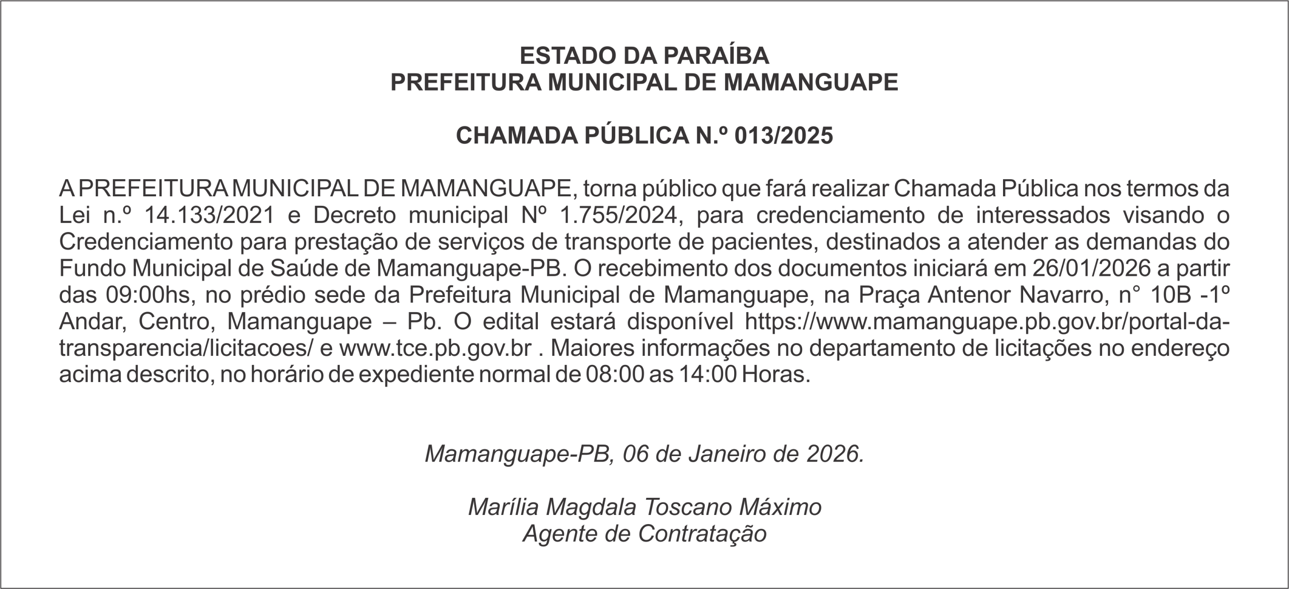 PREFEITURA MUNICIPAL DE MAMANGUAPE – CHAMADA PÚBLICA N.º 013/2025