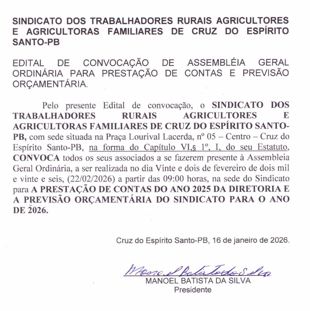 Sindicato dos Trabalhadores Rurais Agricultores e Agricultoras Familiares de Cruz do Espirito Santo-PB – Assembleia Geral Ordinária