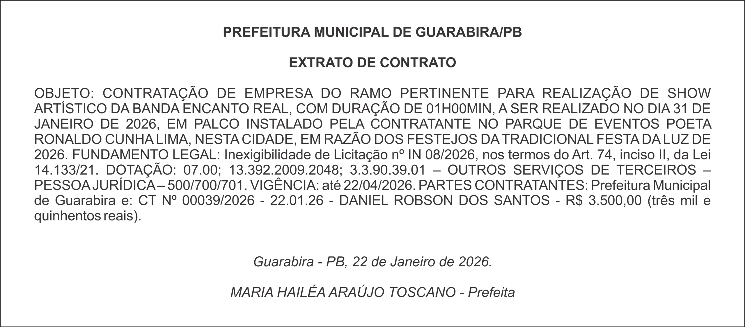 PREFEITURA MUNICIPAL DE GUARABIRA/PB – EXTRATO DE CONTRATO