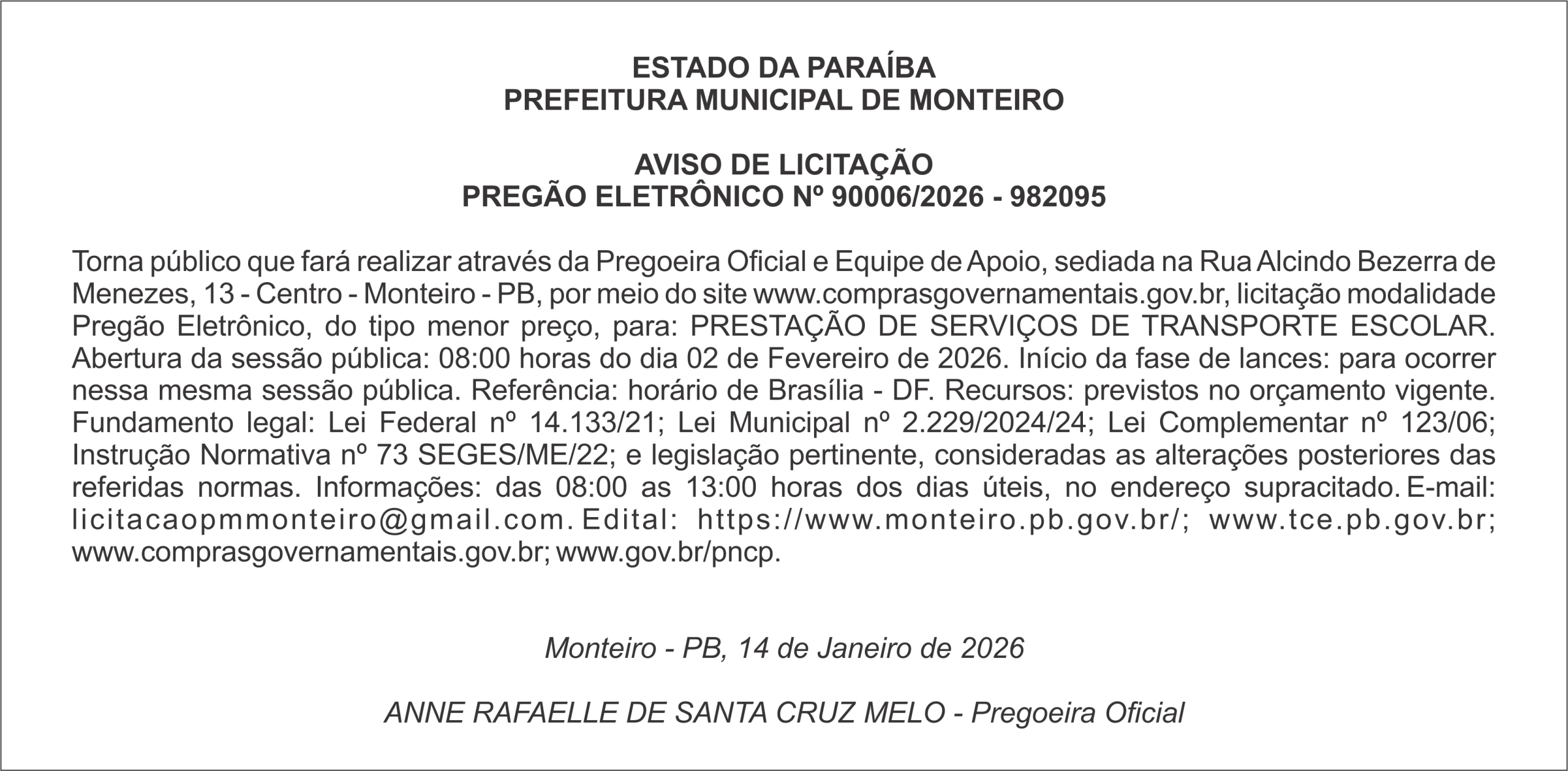 PREFEITURA MUNICIPAL DE MONTEIRO – AVISO DE LICITAÇÃO – PREGÃO ELETRÔNICO Nº 90006/2026 – 982095