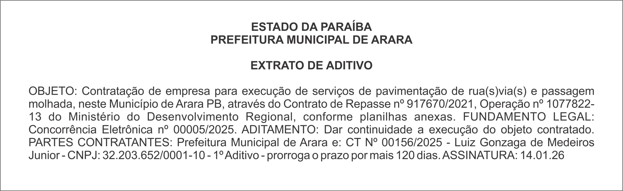 PREFEITURA MUNICIPAL DE ARARA – EXTRATO DE ADITIVO