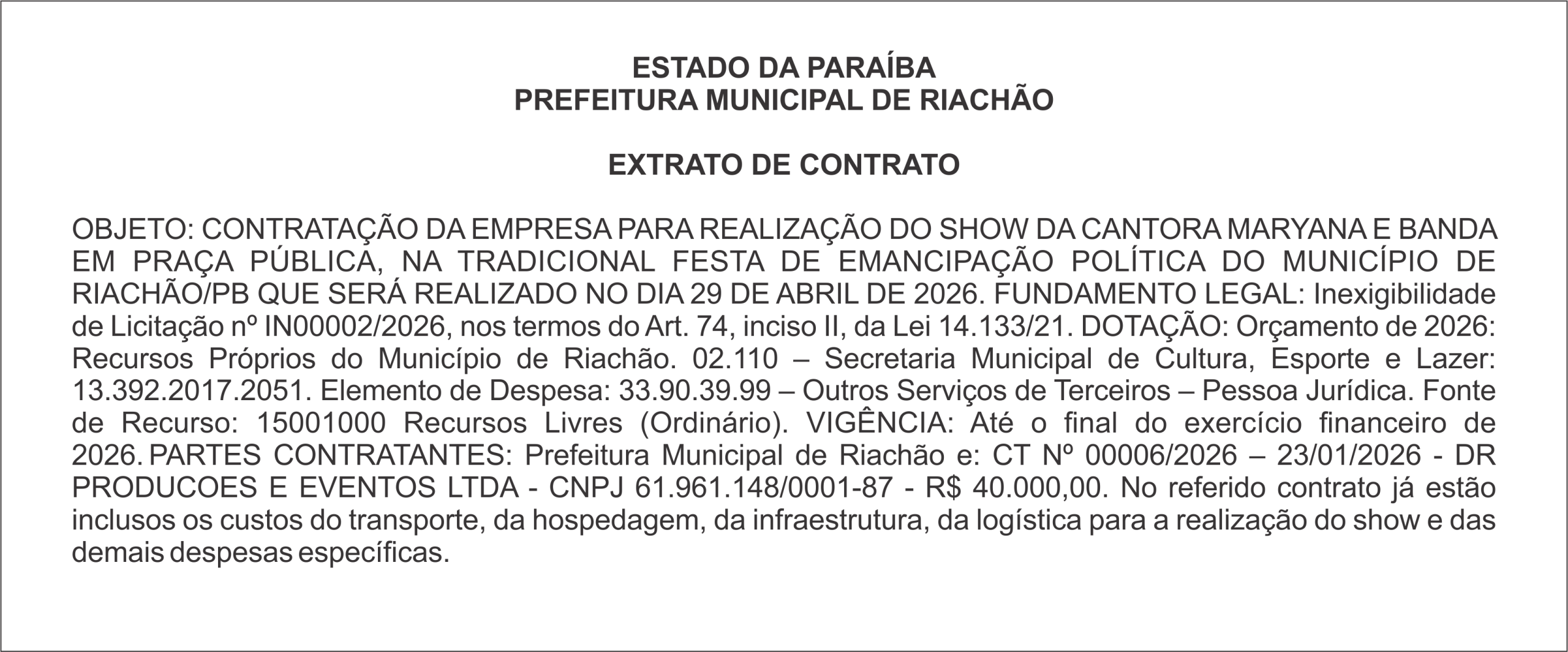 PREFEITURA MUNICIPAL DE RIACHÃO – EXTRATO DE CONTRATO