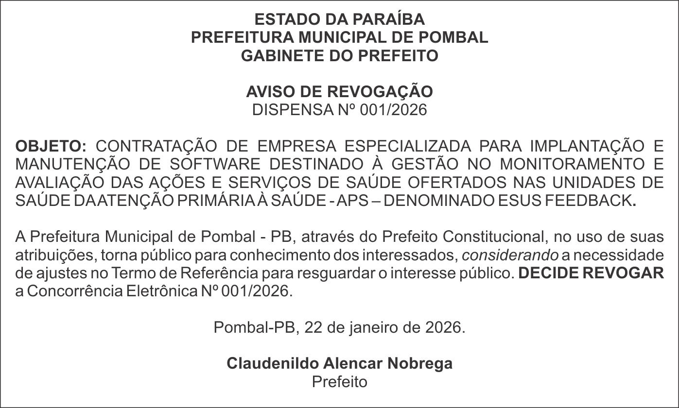 PREFEITURA MUNICIPAL DE POMBAL  – AVISO DE REVOGAÇÃO DISPENSA Nº 001/2026