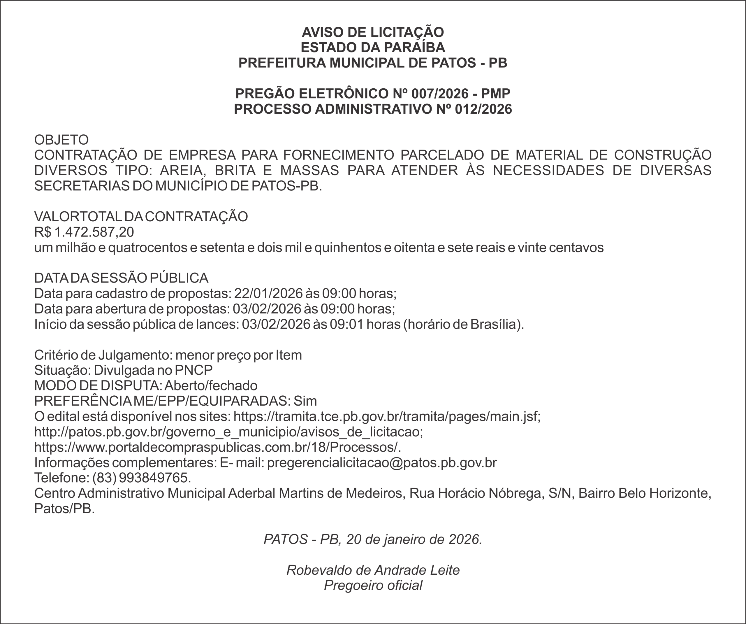 PREFEITURA MUNICIPAL DE PATOS – PB – PREGÃO ELETRÔNICO Nº 007/2026 – PMP