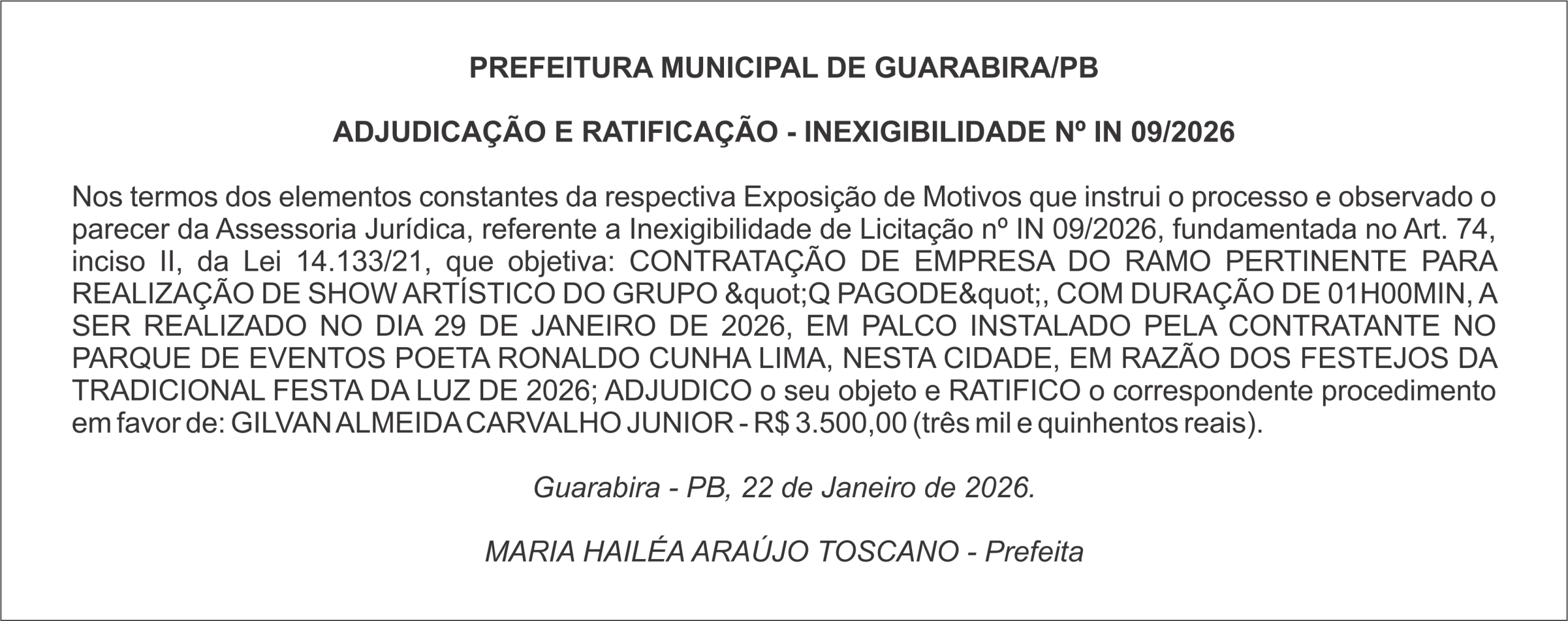 PREFEITURA MUNICIPAL DE GUARABIRA/PB – ADJUDICAÇÃO E RATIFICAÇÃO – INEXIGIBILIDADE Nº IN 09/2026
