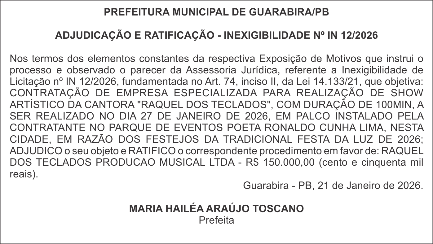 PREFEITURA MUNICIPAL DE GUARABIRA/PB – ADJUDICAÇÃO E RATIFICAÇÃO – INEXIGIBILIDADE Nº IN 12/2026