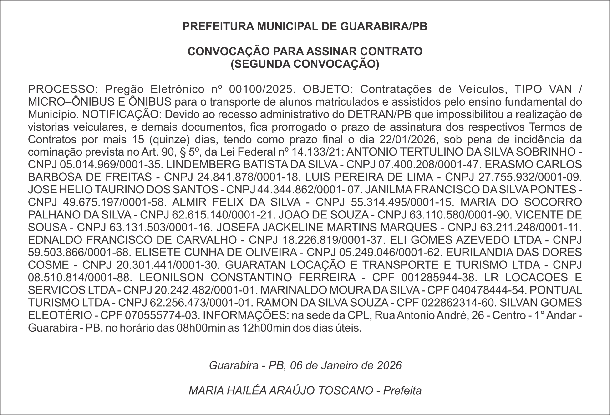 PREFEITURA MUNICIPAL DE GUARABIRA/PB – CONVOCAÇÃO PARA ASSINAR CONTRATO