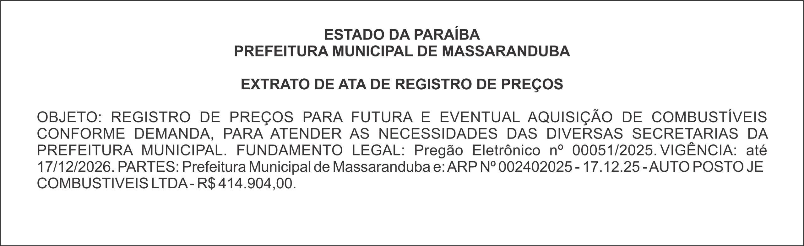 PREFEITURA MUNICIPAL DE MASSARANDUBA – EXTRATO DE ATA DE REGISTRO DE PREÇOS