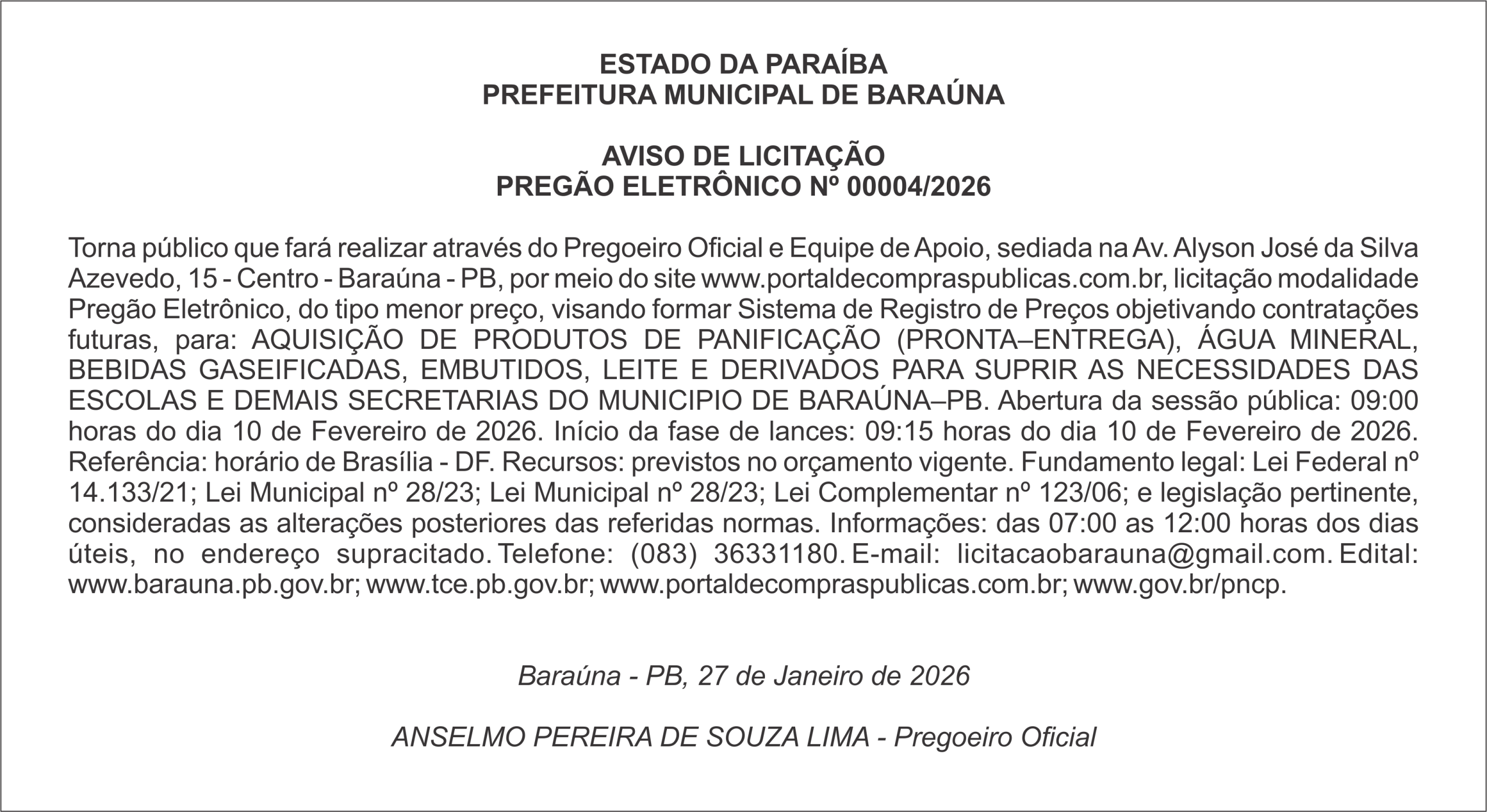 PREFEITURA MUNICIPAL DE BARAÚNA – AVISO DE LICITAÇÃO – PREGÃO ELETRÔNICO Nº 00004/2026