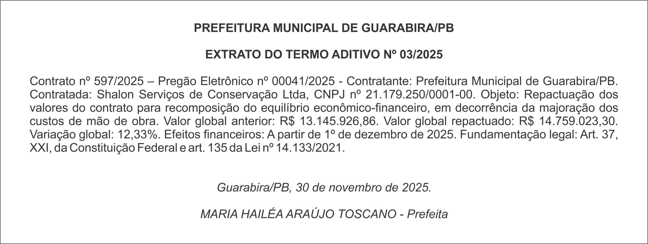 PREFEITURA MUNICIPAL DE GUARABIRA/PB – EXTRATO DO TERMO ADITIVO Nº 03/2025