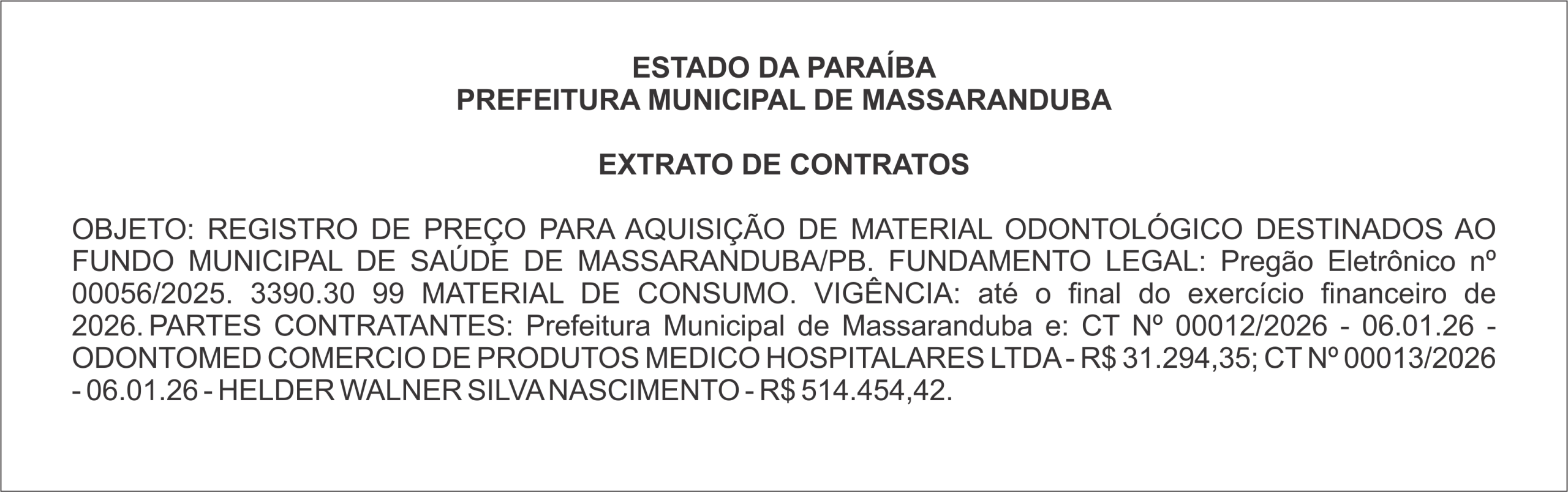 PREFEITURA MUNICIPAL DE MASSARANDUBA – EXTRATO DE CONTRATO