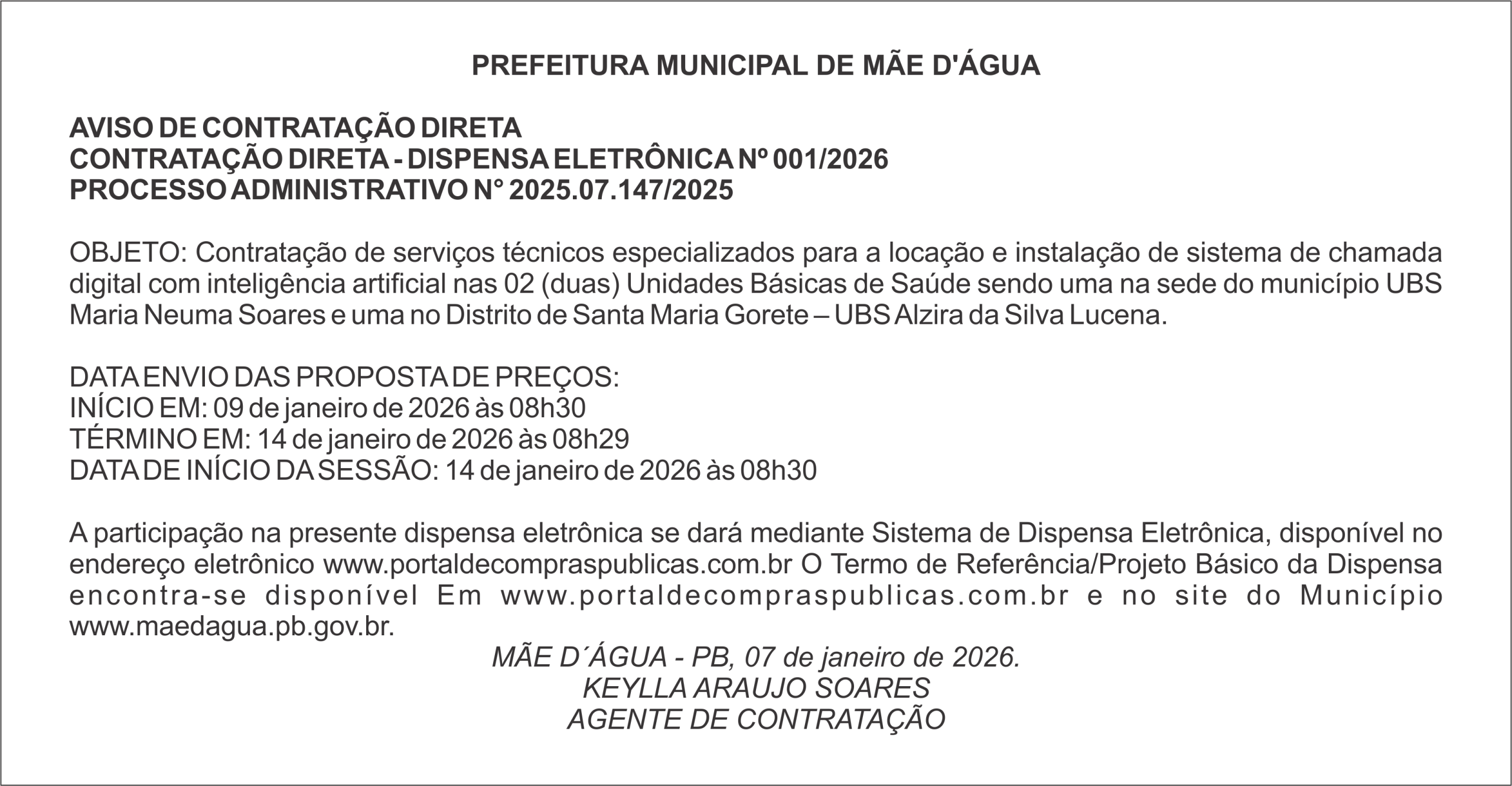PREFEITURA DE MÃE D’ÁGUA – CONTRATAÇÃO DIRETA – DISPENSA ELETRÔNICA Nº 001/2026