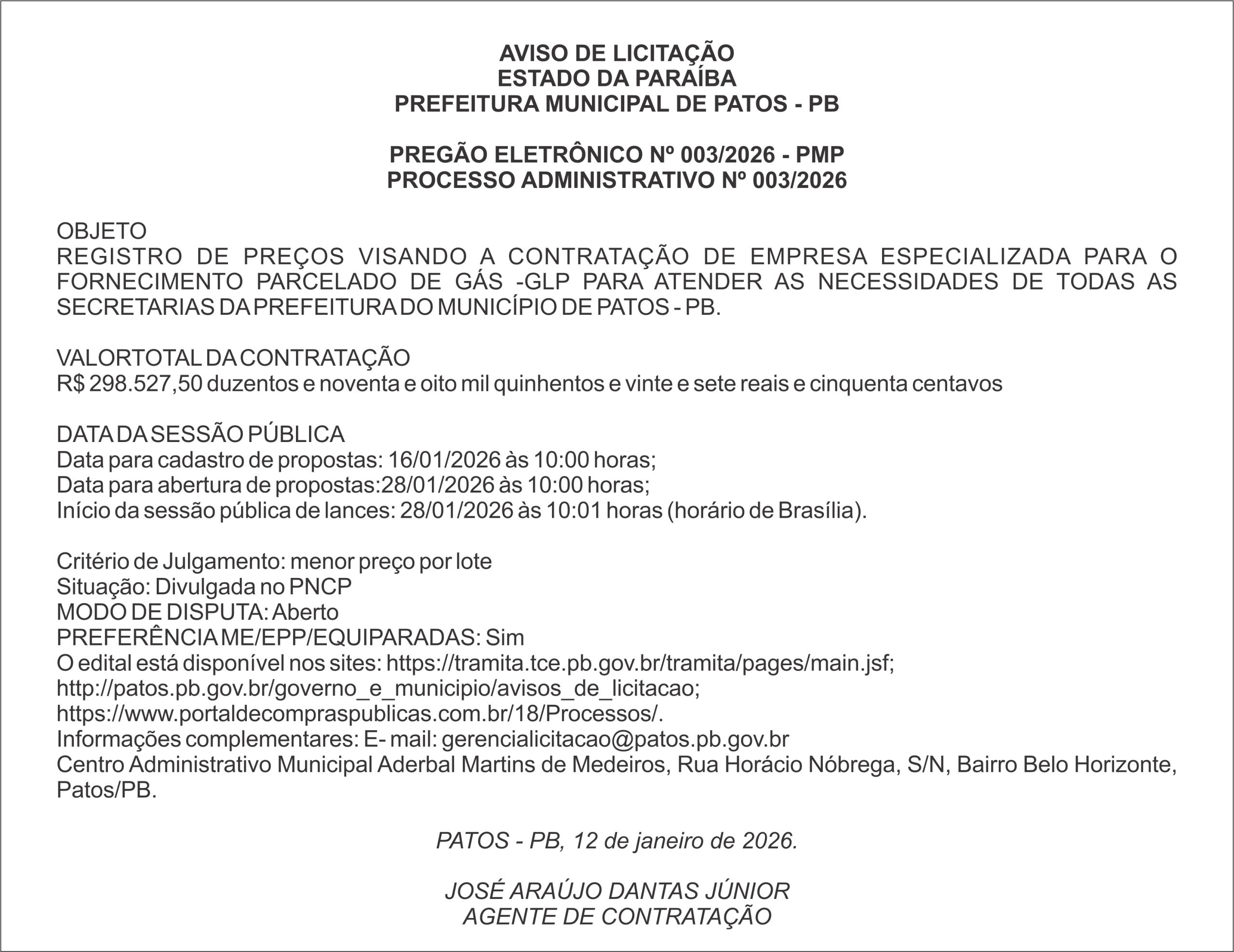 PREFEITURA MUNICIPAL DE PATOS – PB – PREGÃO ELETRÔNICO Nº 003/2026 – PMP