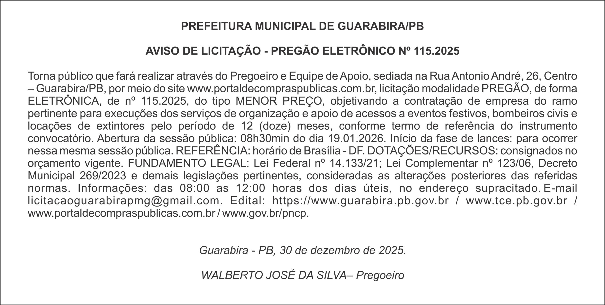 PREFEITURA MUNICIPAL DE GUARABIRA/PB AVISO DE LICITAÇÃO – PREGÃO ELETRÔNICO Nº 115.2025
