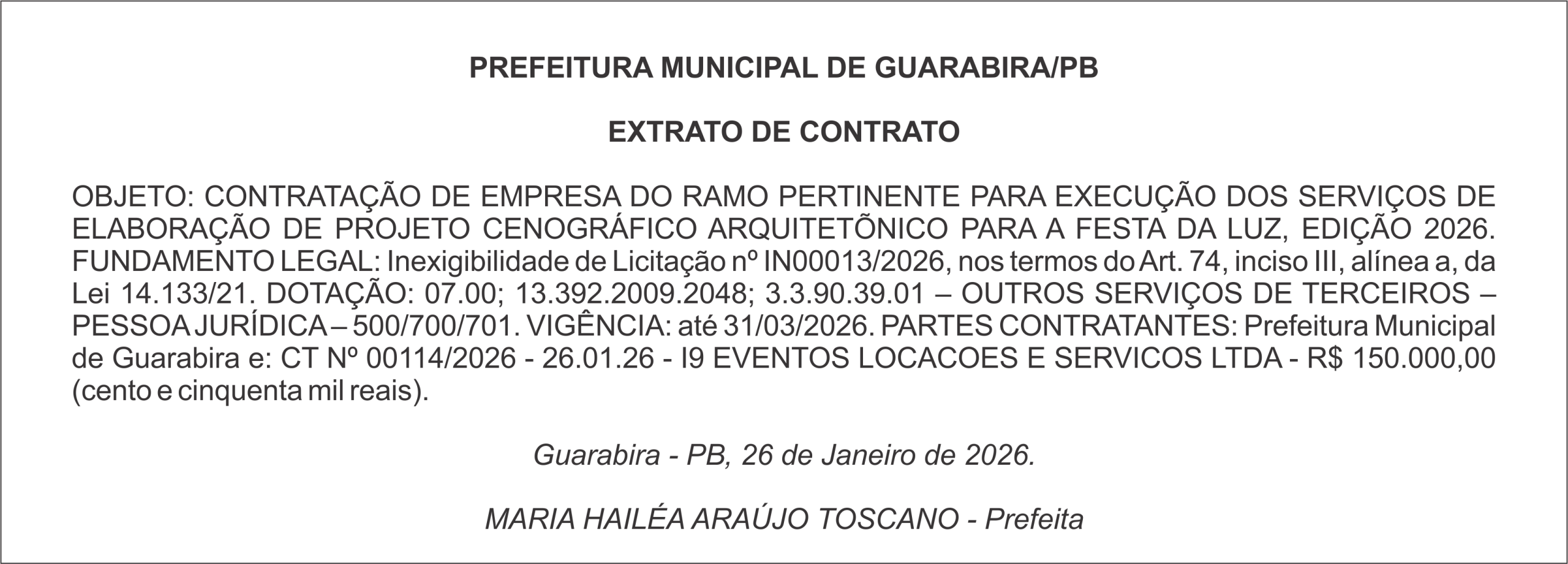 PREFEITURA MUNICIPAL DE GUARABIRA/PB – EXTRATO DE CONTRATO