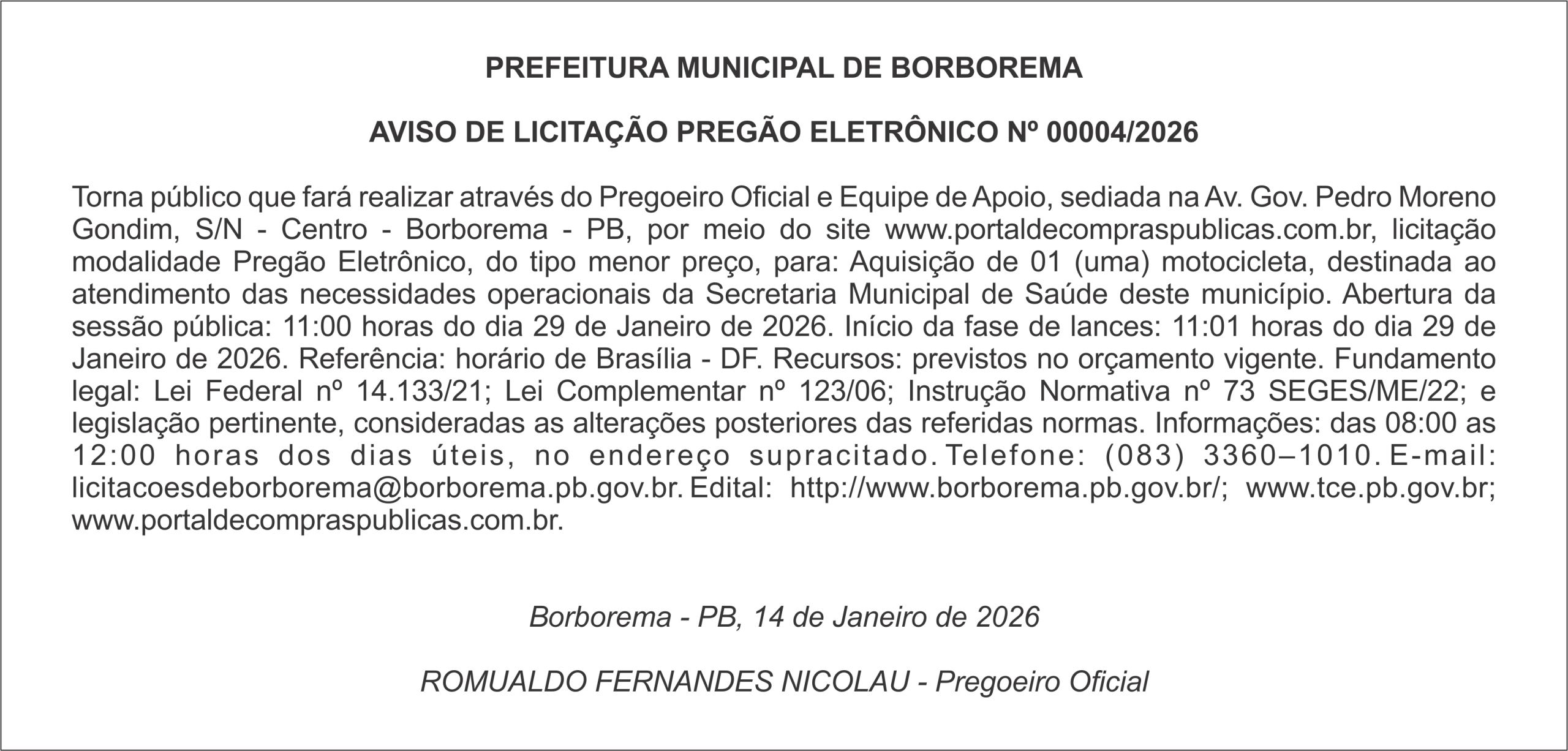 PREFEITURA MUNICIPAL DE BORBOREMA – AVISO DE LICITAÇÃO – PREGÃO ELETRÔNICO Nº 00004/2026