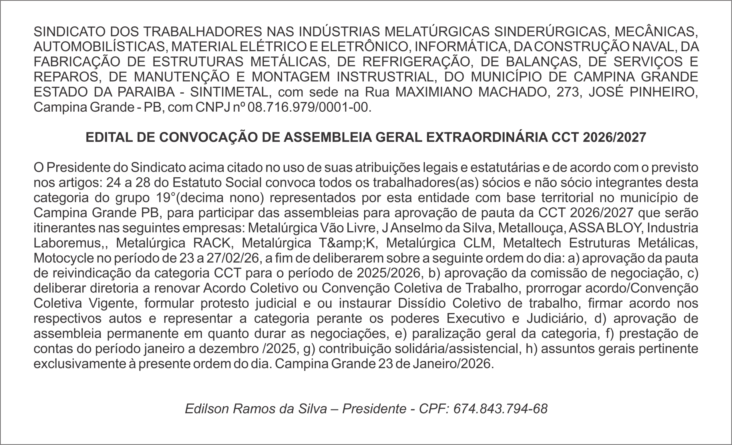 SINTIMETAL – EDITAL DE CONVOCAÇÃO DE ASSEMBLEIA GERAL EXTRAORDINÁRIA CCT 2026/2027