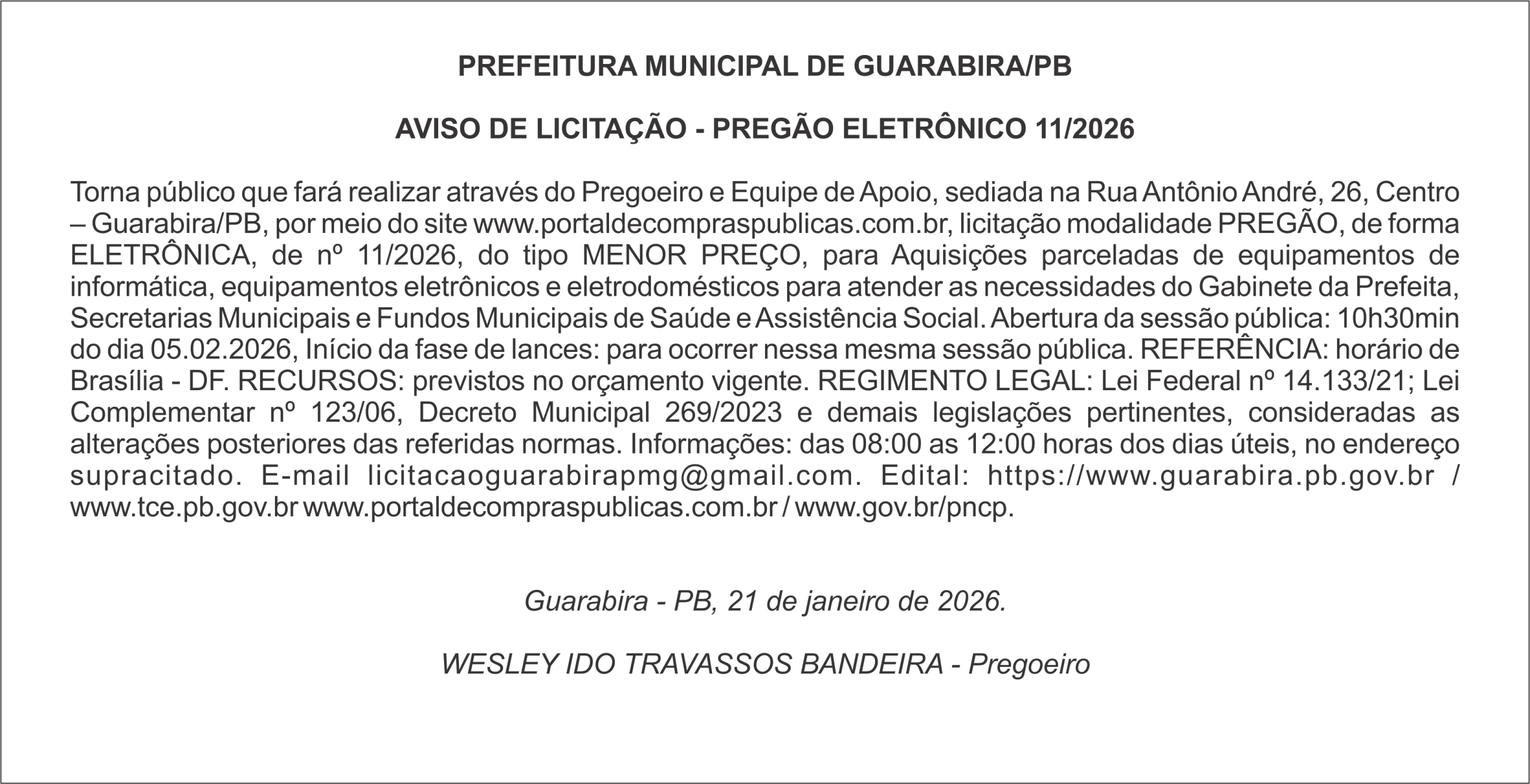 PREFEITURA MUNICIPAL DE GUARABIRA/PB – AVISO DE LICITAÇÃO – PREGÃO ELETRÔNICO 11/2026