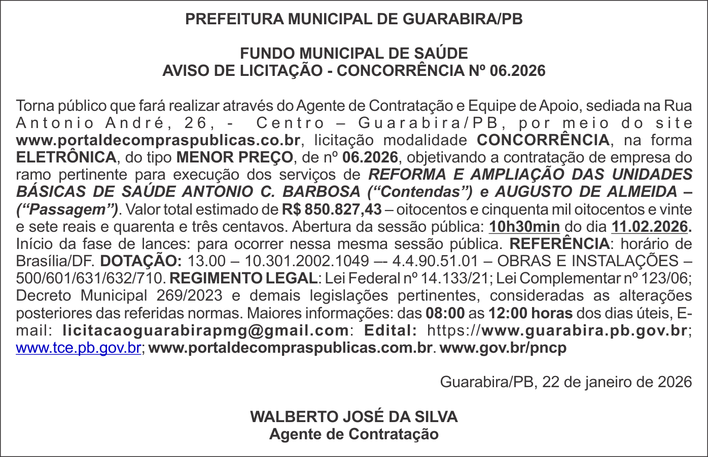 PREFEITURA MUNICIPAL DE GUARABIRA/PB – FUNDO MUNICIPAL DE SAÚDE AVISO DE LICITAÇÃO – CONCORRÊNCIA Nº 06.2026