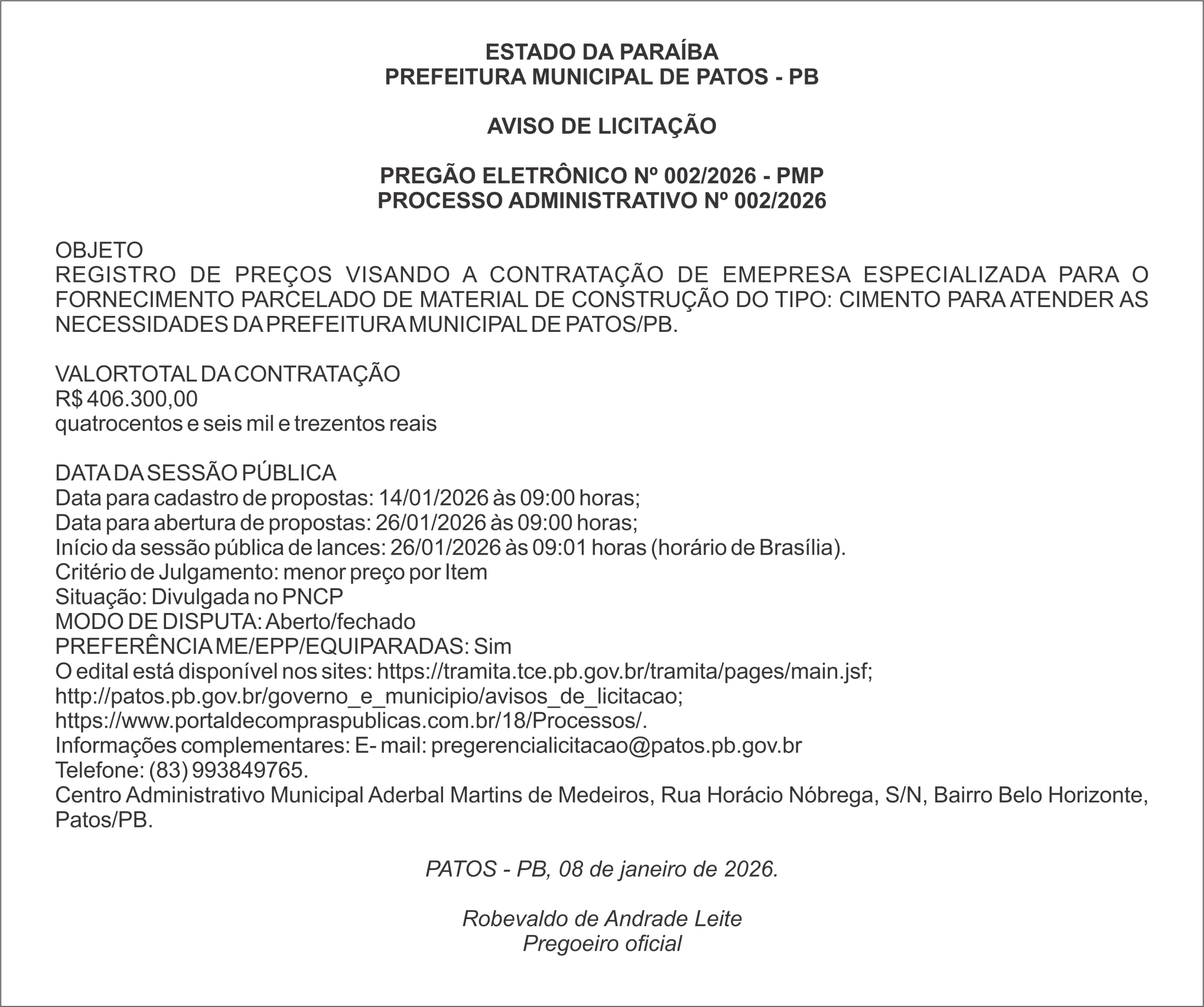 PREFEITURA MUNICIPAL DE PATOS – PB – PREGÃO ELETRÔNICO Nº 002/2026 – PMP
