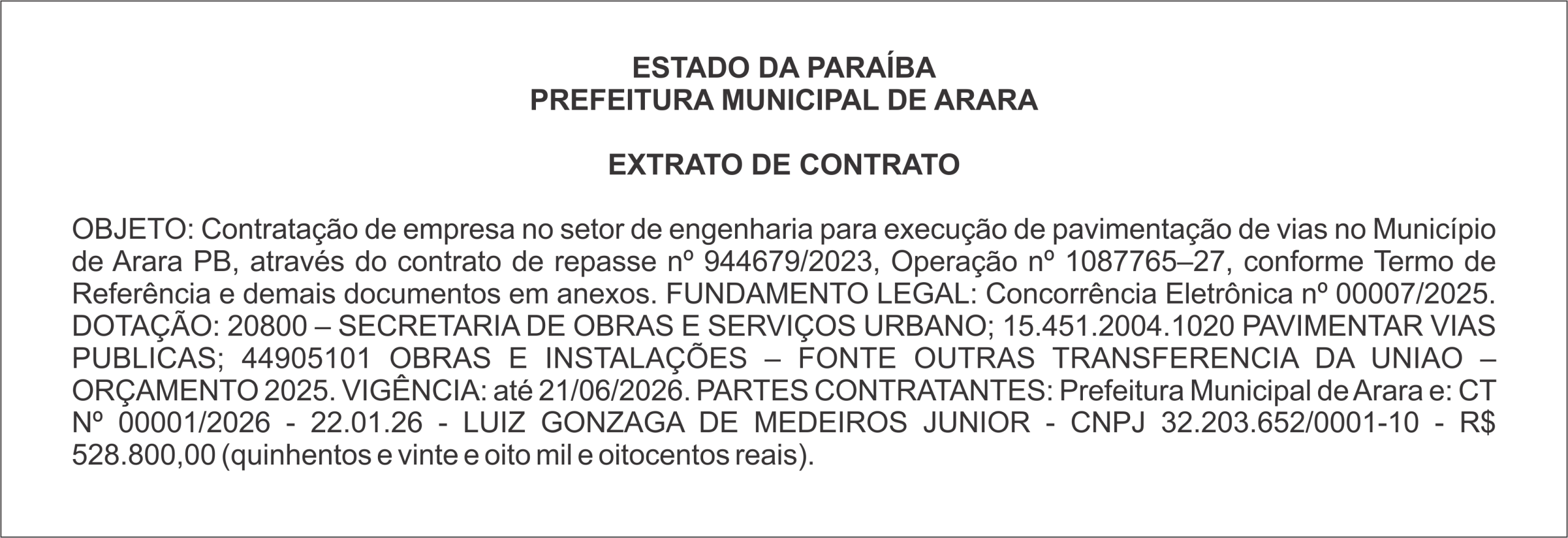 PREFEITURA MUNICIPAL DE ARARA – EXTRATO DE CONTRATO