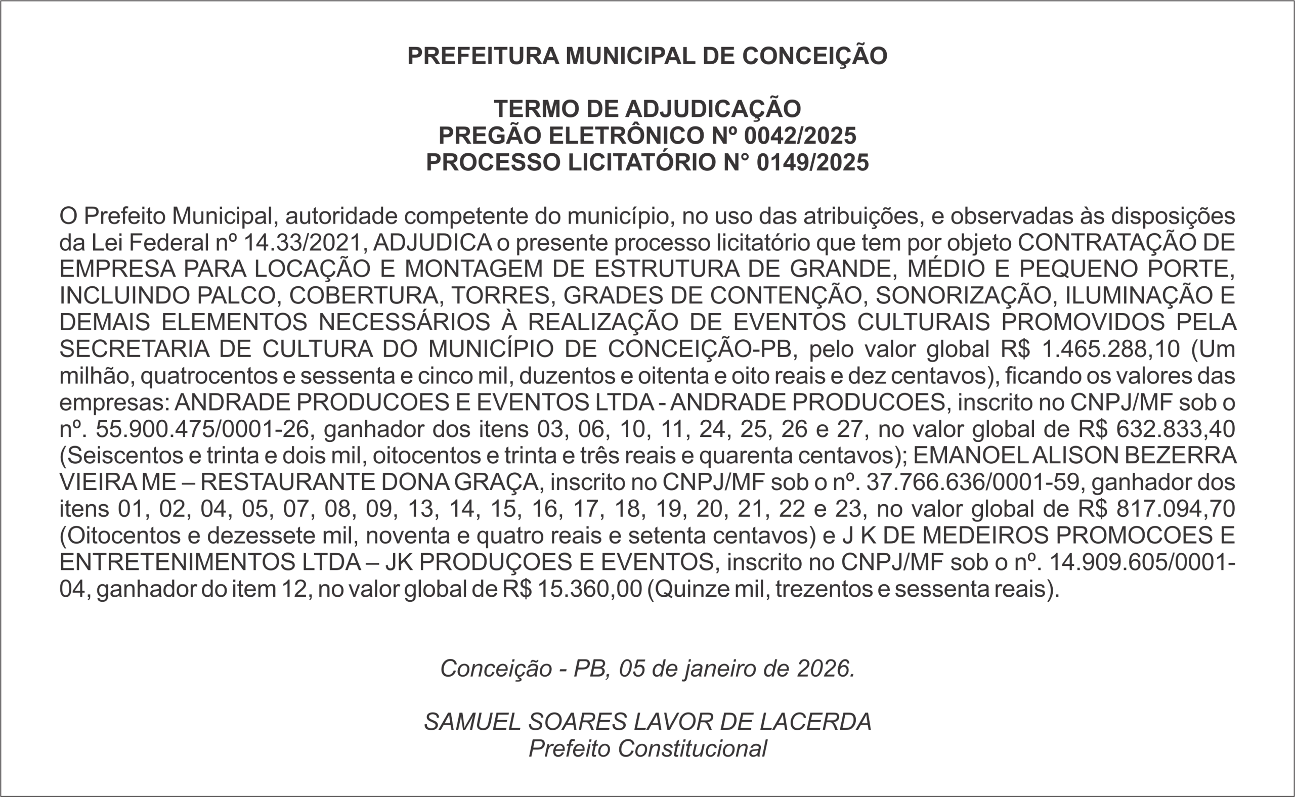 PREFEITURA DE CONCEIÇÃO – TERMO DE ADJUDICAÇÃO – PREGÃO ELETRÔNICO Nº 0042/2025