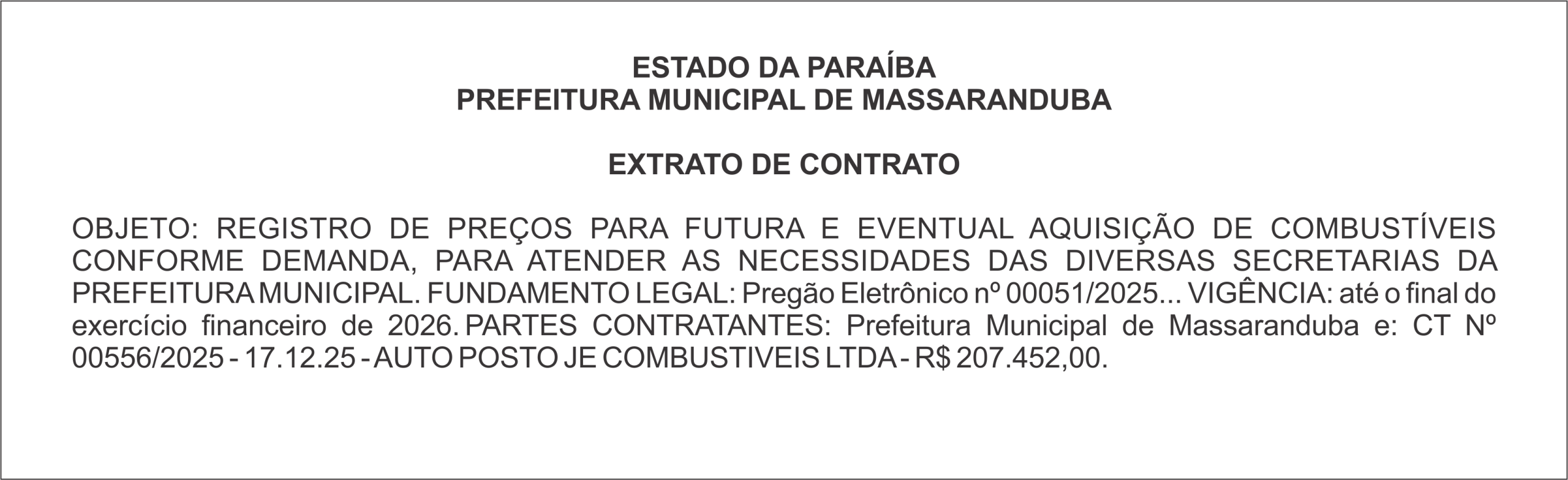 PREFEITURA MUNICIPAL DE MASSARANDUBA – EXTRATO DE CONTRATO
