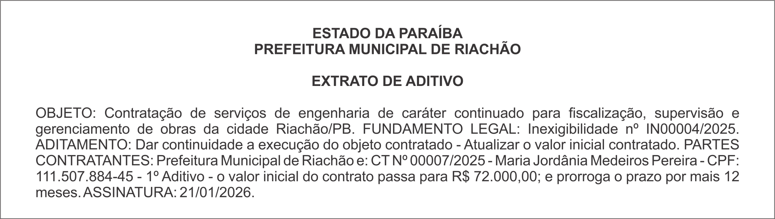 PREFEITURA MUNICIPAL DE RIACHÃO – EXTRATO DE ADITIVO