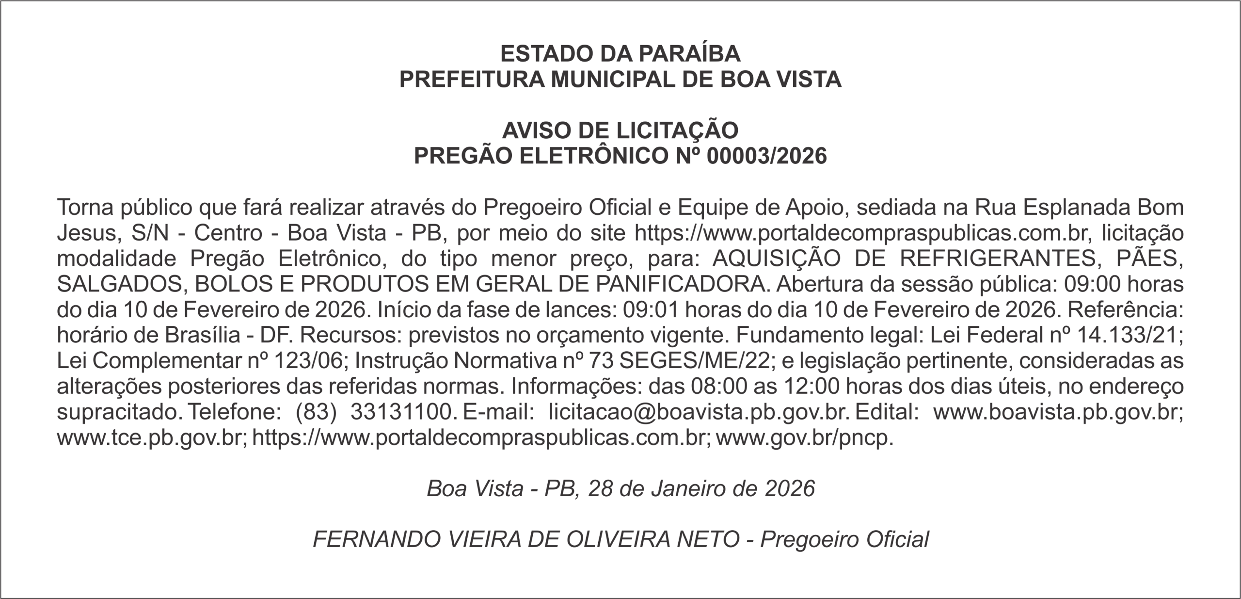 PREFEITURA MUNICIPAL DE BOA VISTA –  AVISO DE LICITAÇÃO – PREGÃO ELETRÔNICO Nº 00003/2026