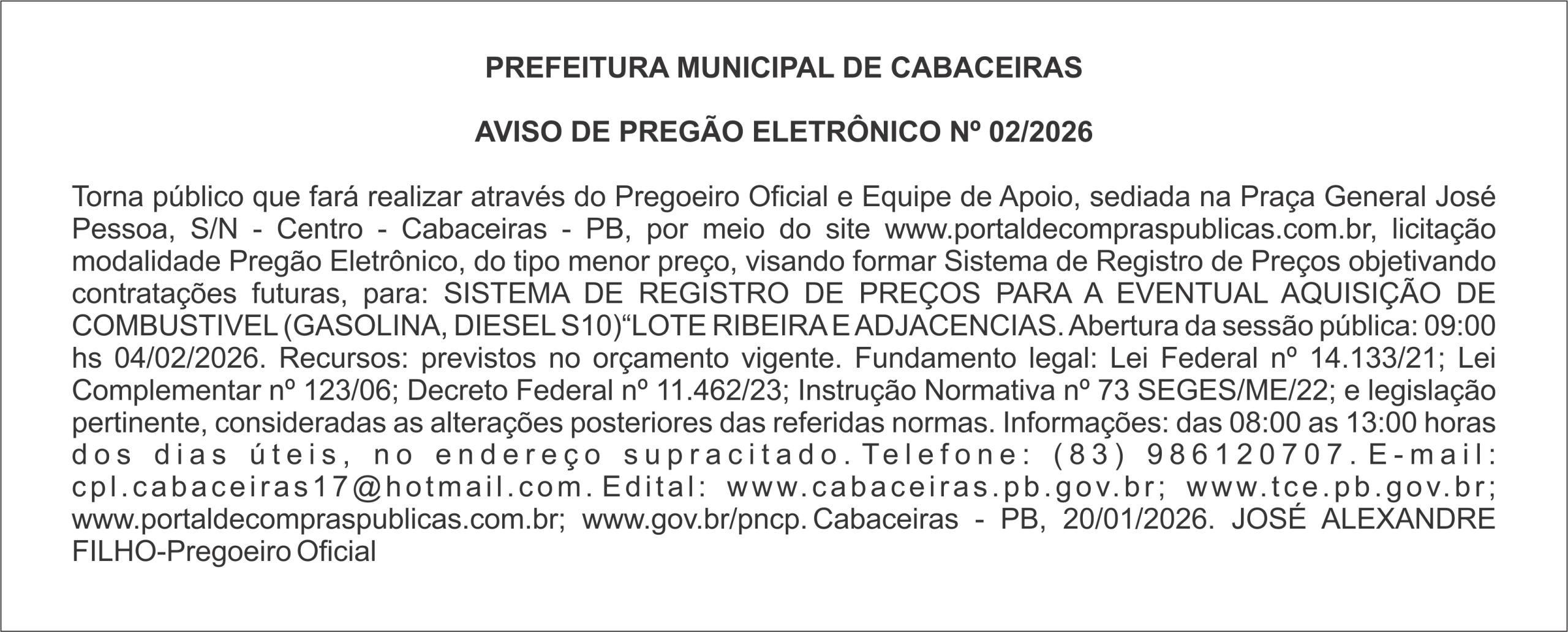 PREFEITURA MUNICIPAL DE CABACEIRAS – AVISO DE PREGÃO ELETRÔNICO Nº 02/2026