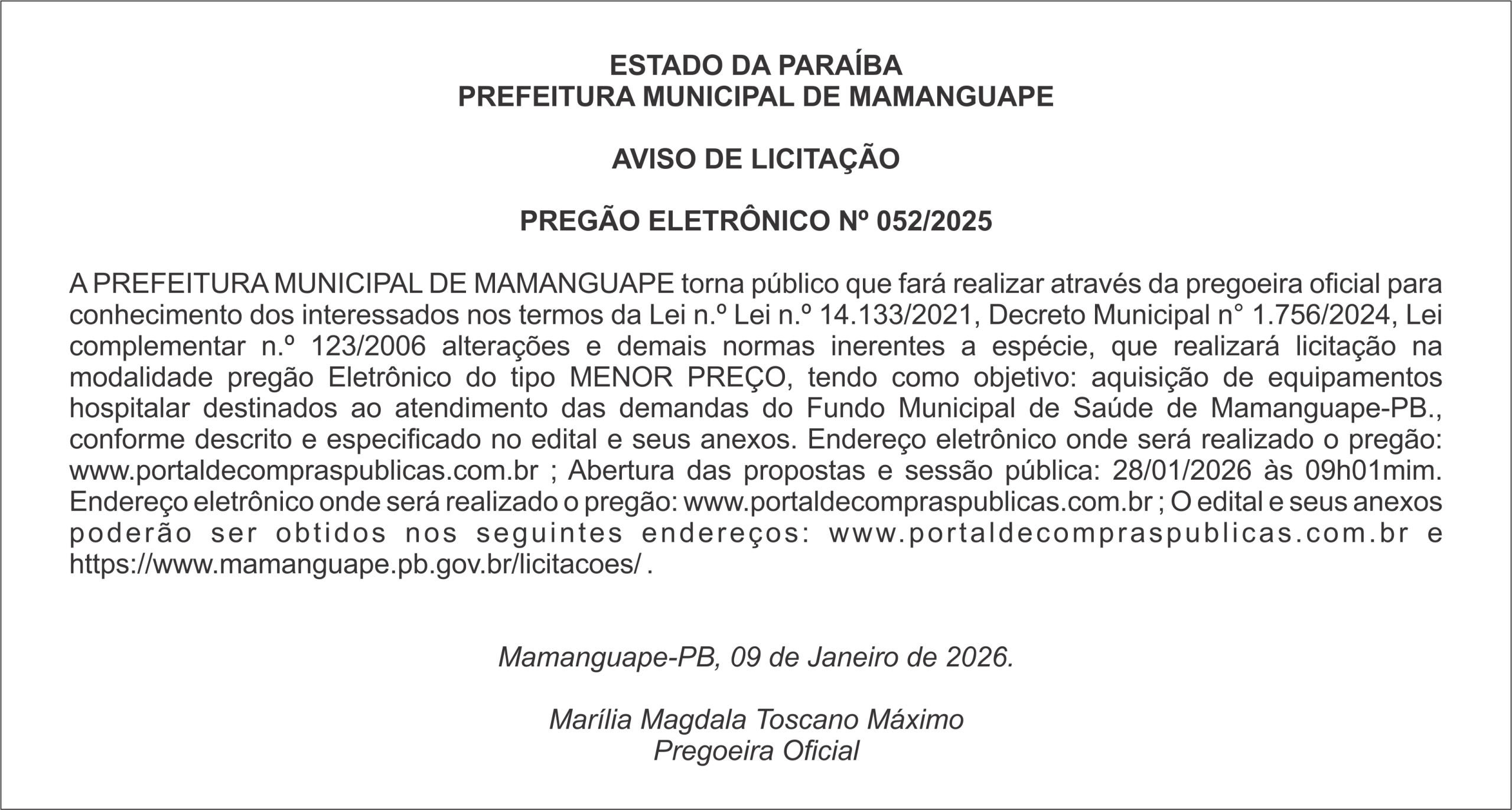 PREFEITURA MUNICIPAL DE MAMANGUAPE – AVISO DE LICITAÇÃO PREGÃO ELETRÔNICO Nº 052/2025