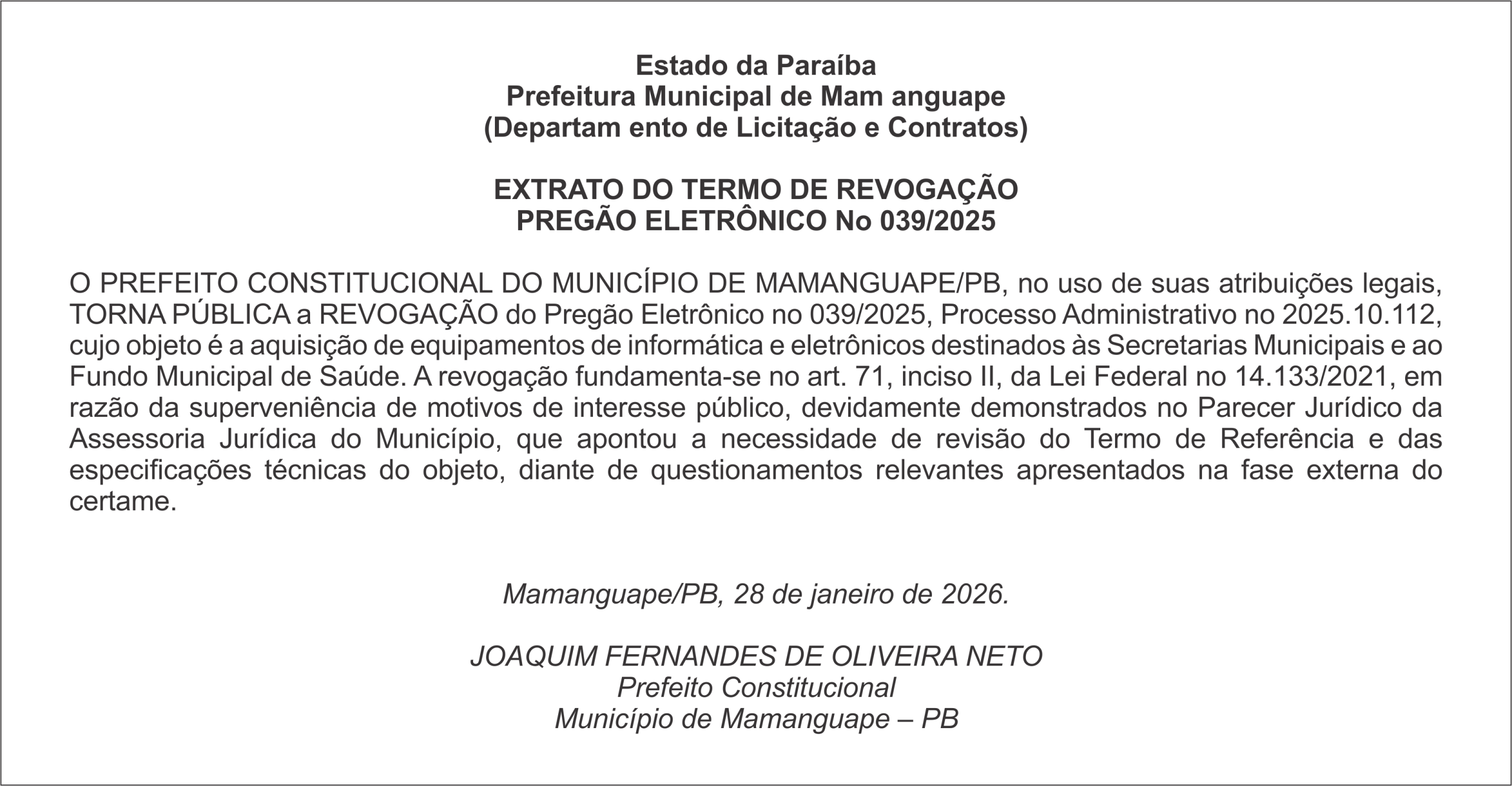 PREFEITURA DE MAMANGUAPE – EXTRATO DO TERMO DE REVOGAÇÃO – PREGÃO ELETRÔNICO No 039/2025