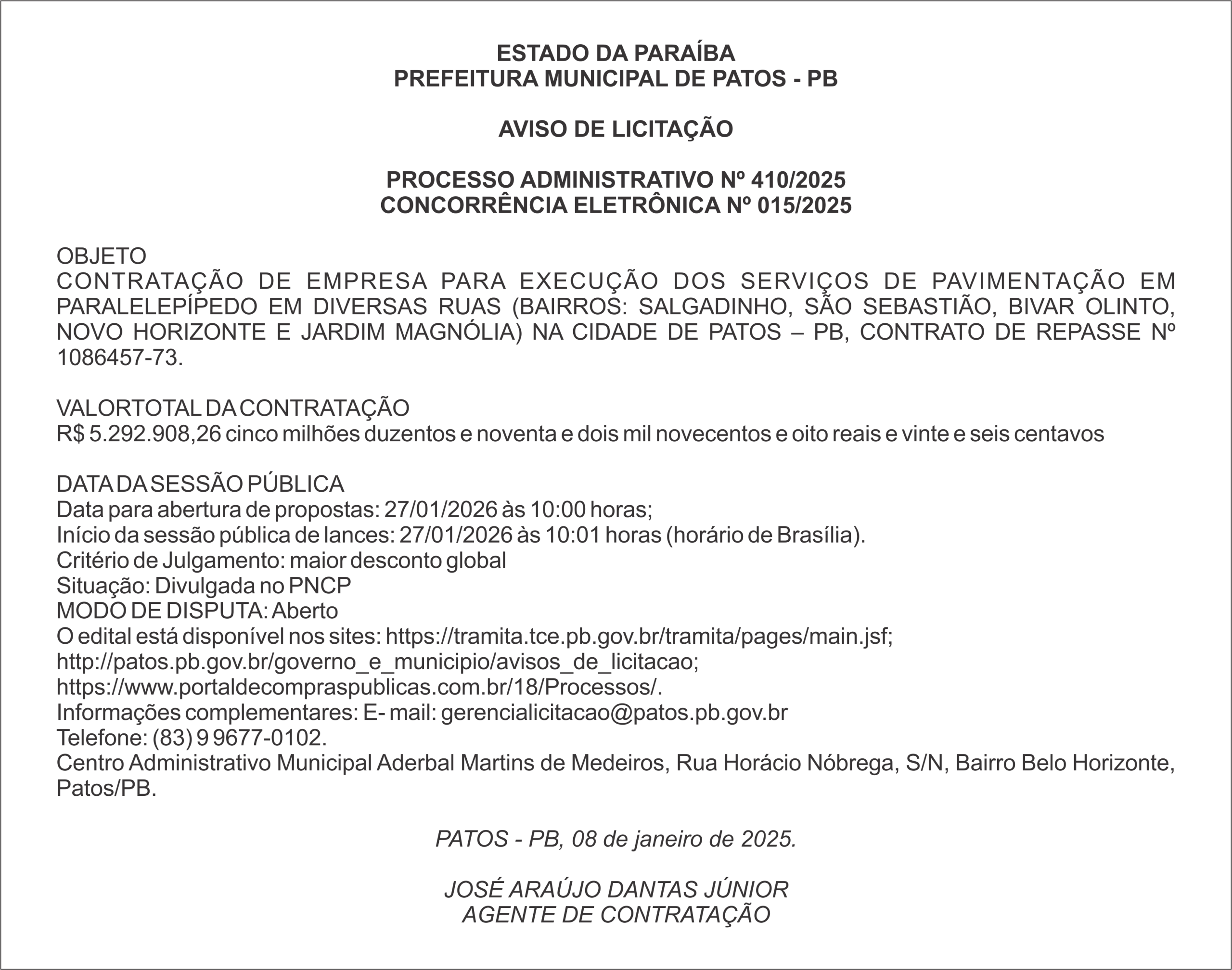 PREFEITURA MUNICIPAL DE PATOS – PB – PROCESSO ADMINISTRATIVO Nº 410/2025