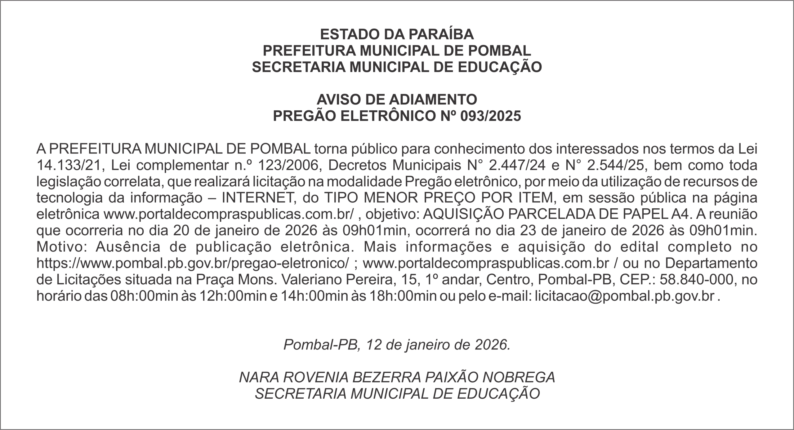 PREFEITURA MUNICIPAL DE POMBAL – AVISO DE ADIAMENTO – PREGÃO ELETRÔNICO Nº 093/2025