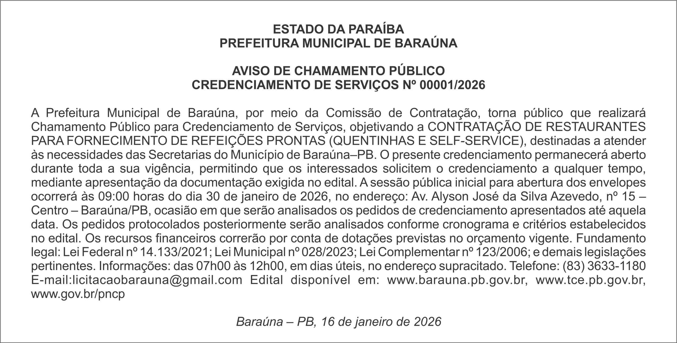 PREFEITURA MUNICIPAL DE BARAÚNA – AVISO DE CHAMAMENTO PÚBLICO CREDENCIAMENTO DE SERVIÇOS Nº 00001/2026