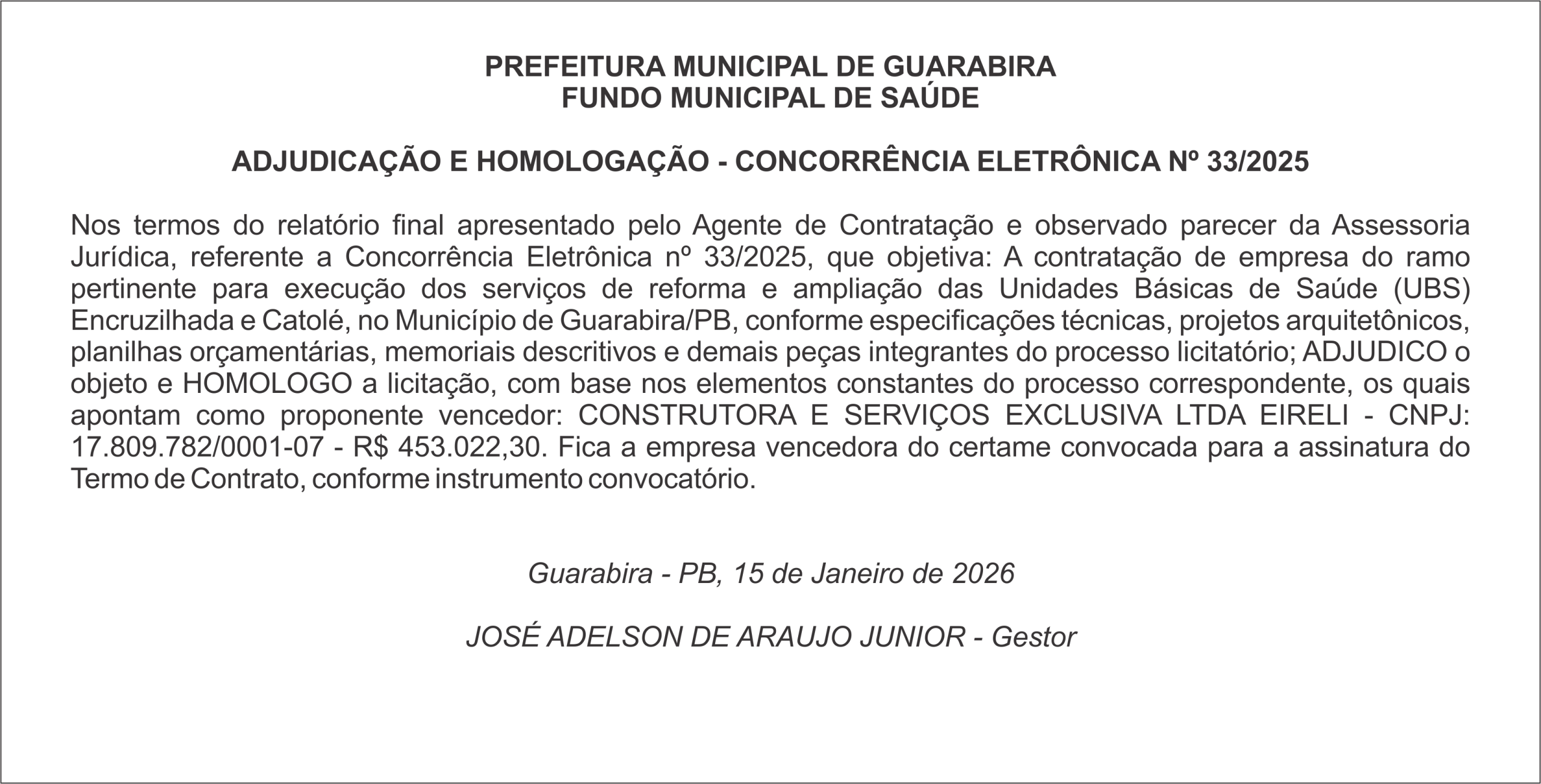 PREFEITURA MUNICIPAL DE GUARABIRA – FUNDO MUNICIPAL DE SAÚDE  ADJUDICAÇÃO E HOMOLOGAÇÃO – CONCORRÊNCIA ELETRÔNICA Nº 33/2025